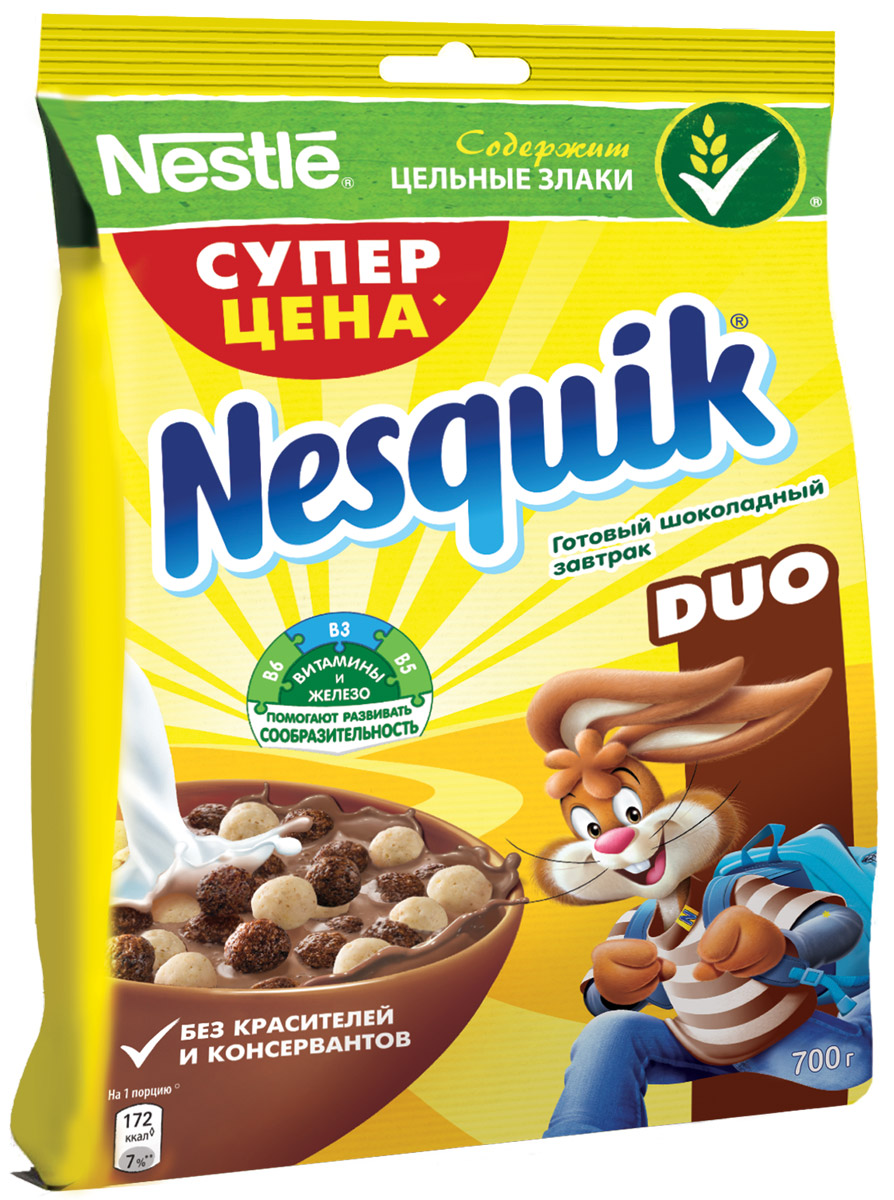 Nestle Nesquik Шоколадные шарики DUO готовый завтрак, 700 г12309700 Nestle Nesquik Шоколадные шарики DUO готовый завтрак, 700 г12309700Готовый завтрак Nestle Nesquik DUO шоколадные шарики - это любимый готовый завтрак со вкусом белого и молочного шоколада! Такой вкусный и невероятно шоколадный завтрак! Тарелка полезного для здоровья готового завтрака Nesquik DUO в сочетании с молоком – это прекрасное начало дня! В состав готового завтрака Nesquik DUO входят цельные злаки, а также он обогащен 8 витаминами, железом, кальцием и витамином Д. Дети любят готовый завтрак Nesquik DUO за чудесный шоколадный вкус, а мамы – за его пользу!