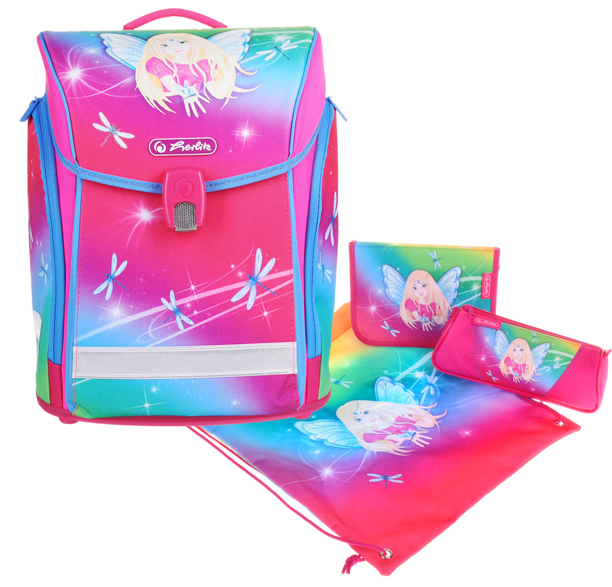 Herlitz Ранец школьный Fairy с наполнением 3 предмета50007851 Herlitz Ранец школьный Fairy с наполнением 3 предмета50007851Школьный ранец Herlitz Fairy линейки ранцев с наполнением Midi Plus выполнен из материалов высшего качества с водоотталкивающей пропиткой. Содержит одно вместительное отделение, закрывающееся клапаном на магнитную защелку. Внутри отделения расположена мягкая перегородка для тетрадей или учебников, а также небольшой кармашек на молнии. Клапан полностью откидывается, что существенно облегчает пользование ранцем. На внутренней части клапана находится прозрачный пластиковый кармашек, в который можно поместить расписание занятий. Ранец имеет два высоких боковых кармана, закрывающиеся на застежки-молнии. На лицевой стороне ранца под клапаном расположен открытый карман. Конструкция спинки дополнена эргономичными подушечками, противоскользящей сеточкой и системой вентиляции для предотвращения запотевания спины ребенка. Мягкие широкие лямки анатомической формы позволяют легко и быстро отрегулировать ранец в соответствии с ростом. Надежная эргономичная ручка для переноски ранца...