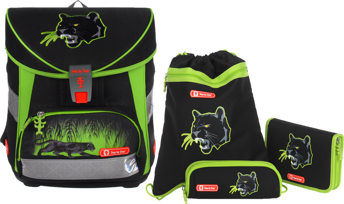 Hama Step By Step Ранец школьный Comfort Wild Cat с наполнением 3 предмета129308 Hama Step By Step Ранец школьный Comfort Wild Cat с наполнением 3 предмета129308Ранец с наполнением Hama Step By Step Comfort Wild Cat имеет все, что необходимо ученику. Ранец закрывается на клапан с фастексом и имеет одно основное отделение, а также отделение для тетрадей на хлястике с липучкой, содержащее три накладных кармана. Внутри основного отделения находится разделитель для бумаг формата А4, карабин для ключей и пришивной карман на застежке-молнии. Ранец также имеет два боковых кармана на молнии и передний карман на молнии с прокладкой из термальной фольги. Эргономическая спинка с мягкими, регулируемыми по высоте наплечными ремнями и нагрудный ремень обеспечивают максимальный комфорт. Жесткая каркасная конструкция защитит учебники и тетради, а ортопедическая спинка поможет формированию правильной осанки. Ранец оформлен аппликацией и принтом с изображением пантеры, а также дополнен светоотражающими элементами. Под клапаном расположен вкладыш для расписания уроков и резинки, позволяющие зафиксировать пенал. Прочное...