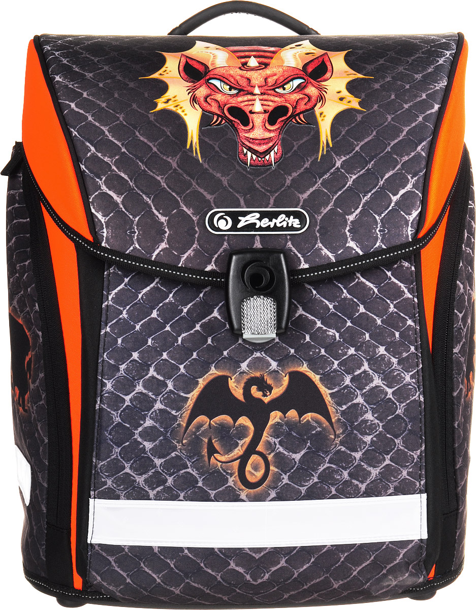 Herlitz Ранец школьный New Midi Dragon50007738 Herlitz Ранец школьный New Midi Dragon50007738Школьный ранец Herlitz New Midi Dragon отличается не только красочностью, но и практичностью. Модель изготовлена из полиэстера с водоотталкивающей пропиткой. Модель имеет одно основное отделение, внутри которого расположен разделитель и пришивной карман на молнии. Отделение закрывается на клапан с магнитным замком. С внутренней стороны клапана расположен прозрачный кармашек для расписания уроков. Под клапаном расположен дополнительный открытый карман. По бокам рюкзака имеются вместительные наружные карманы на молниях. Спинка и лямки выполнены из вентилируемого материала. Ранец дополнен удобной эргономичной ручкой для переноски. Светоотражающие полоски (на лямках, переднем и боковых карманах) обеспечивают безопасность ребенка на дорогах. Ранец равномерно распределяет нагрузку на позвоночник благодаря эргономичной спинке и уплотненным регулируемым лямкам. Прочное пластиковое дно защищает от загрязнений. Практичный ранец с ярким принтом непременно сделает походы...