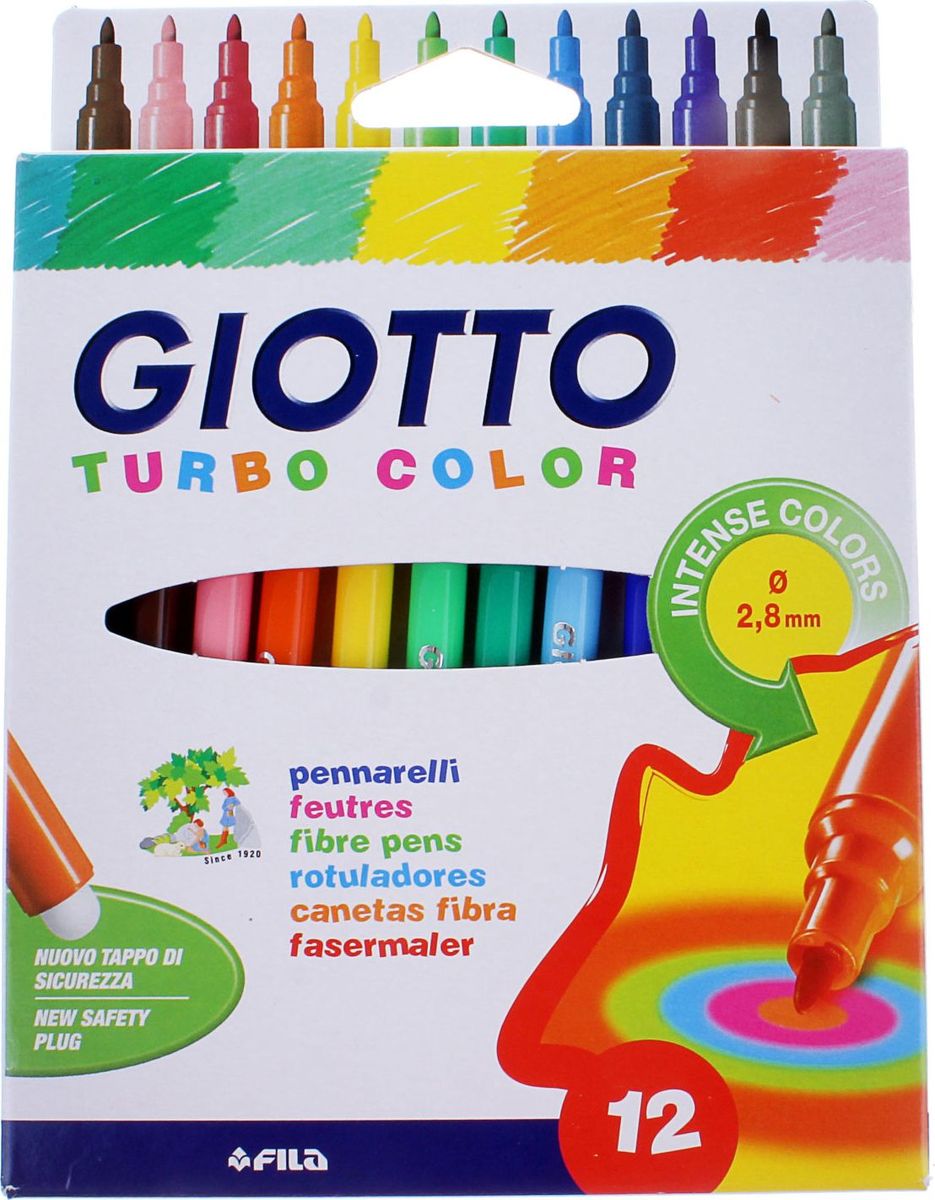 Giotto Набор фломастеров Turbo Color 12 цветов505603 Giotto Набор фломастеров Turbo Color 12 цветов505603AST APP 12 GIOTTO TURBO COLOR 12 цв. Фломастеры. Вентилируемый колпачок, фетровый наконечник. Чернила на водной основе. Легко отстирываются и смываются с рук. Открытый фломастер может храниться больше месяца. Яркие насыщенные цвета.