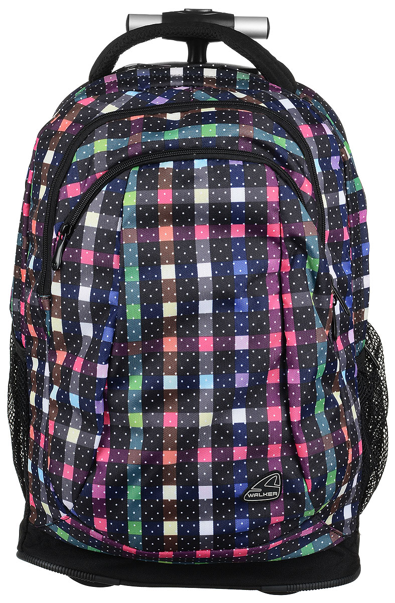 Walker Рюкзак Trolley Spin Dizzy Dots42481/116 Walker Рюкзак Trolley Spin Dizzy Dots42481/116Рюкзак Walker Trolley Spin Dizzy Dots - это современный многофункциональный молодежный рюкзак, который выполнен из прочного износостойкого материала высокого качества. Рюкзак имеет два основных отделения, закрывающихся на молнии. Первое отделение содержит один мягкий карман на хлястике с липучкой и пришивной кармашек на молнии. Во втором отделении расположены два открытых накладных кармана, три кармашка под канцелярские принадлежности и карман для телефона под хлястиком с липучкой. По бокам рюкзака расположены открытые карманы в сеточку. Лицевая часть дополнена глубоким накладным карманом на застежке-молнии. Рюкзак оснащен колесами, удобной текстильной ручкой для переноски и металлической выдвижной ручкой для перевозки. Мягкие широкие лямки позволяют легко и быстро отрегулировать рюкзак в соответствии с ростом. На спинке имеется дополнительный карман с вшитым чехлом. С рюкзаком Walker путешествие становится безопасным!