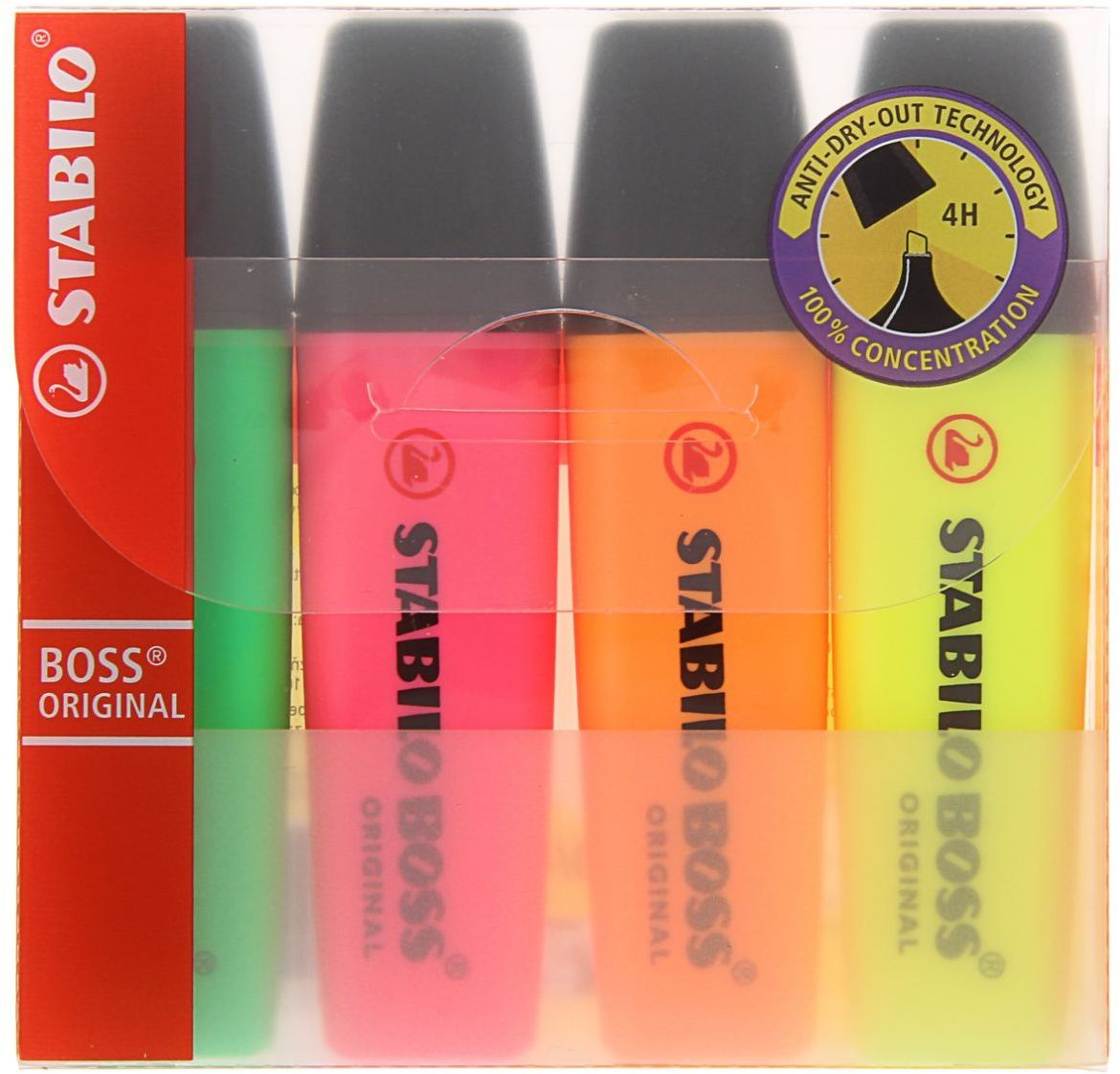 Stabilo Набор маркеров Boss 4 цвета1255622 Stabilo Набор маркеров Boss 4 цвета1255622Набор текстовыделителей Stabilo Boss предназначен для маркировки текста на различных типах бумаги, включая факсовую. Чернила на водной основе не имеют запаха, мгновенно высыхают, отличаются высокой яркостью и светостойкостью. Клиновидный стержень, способный долгое время сохранять работоспособность без колпачка, позволяет проводить идеально ровные линии толщиной от 2-х до 5-ти мм. Большой запас чернил и возможность их многократной перезаправки (до 5-ти раз) обеспечивают длительный срок службы маркера. В наборе 4 цвета: зеленый, розовый, оранжевый, желтый.