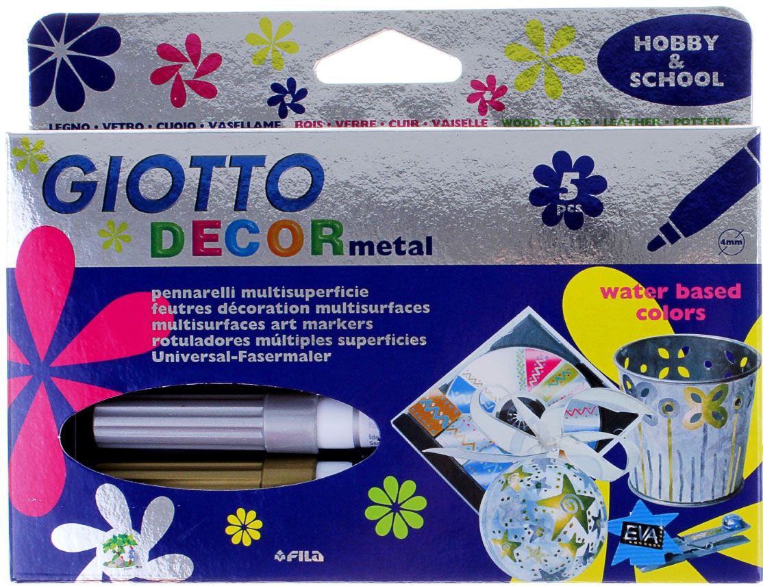 Giotto Набор маркеров для декора Decor Metallic 5 цветов505624 Giotto Набор маркеров для декора Decor Metallic 5 цветов505624Рисовать фломастерами - для детей огромное удовольствие. Любой рисунок становится живым и насыщенным благодаря качественным фломастерам. Кроме того, они способствуют развитию детской моторики и раскрывают творческий потенциал малыша. Фломастеры 5цв для декора, чернила металлик – отлично зарекомендовали себя среди детей и взрослых. Они идеально подходят для рисования благодаря своей яркой и сочной палитре, легко отстирываются от одежды и кожи, а также имеют прочный пластиковый корпус и пишущий узел. Приобретайте только качественные фломастеры для своих малышей, дарите им удовольствие.
