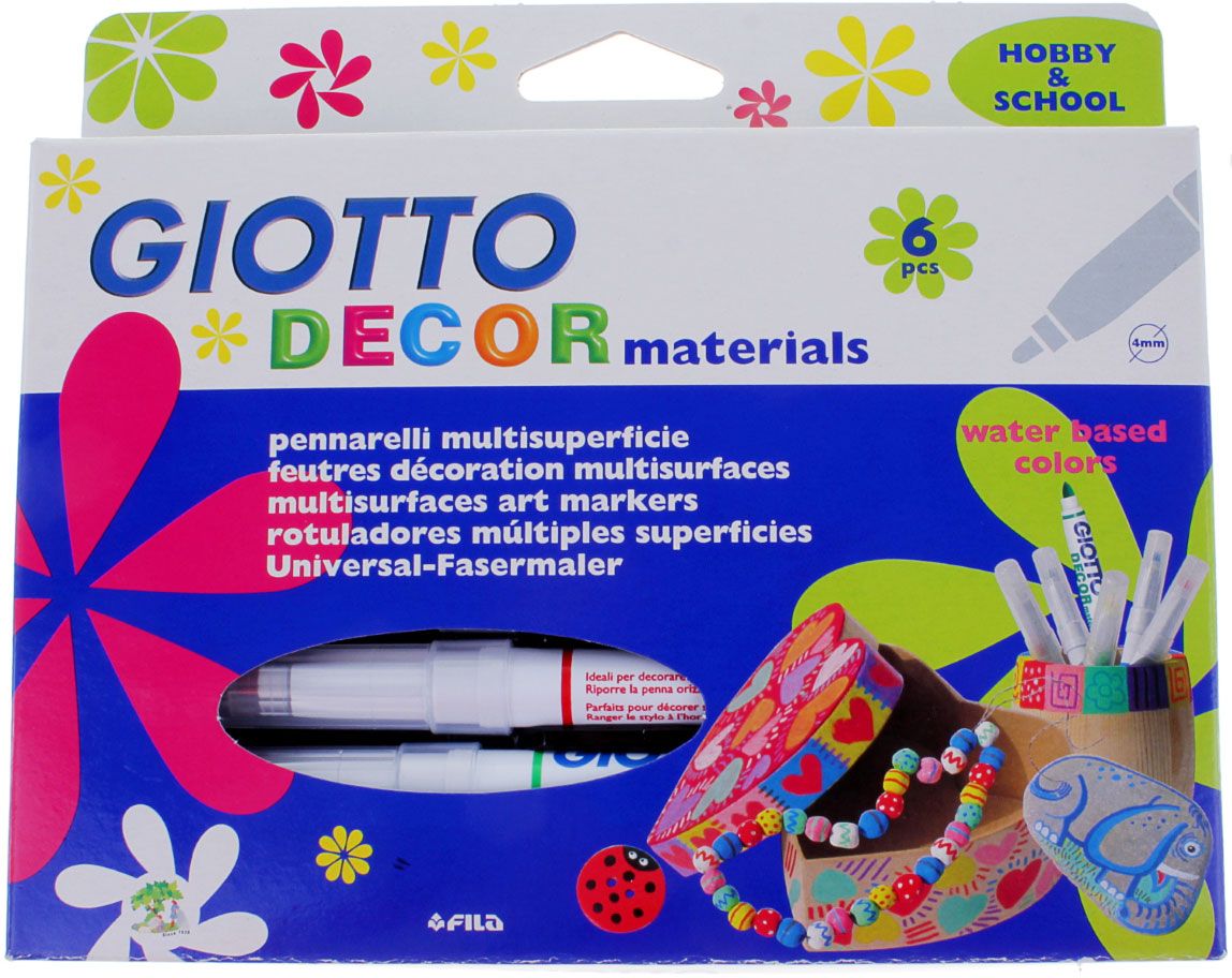 Giotto Набор маркеров для декора Decor Materials 6 цветов505626 Giotto Набор маркеров для декора Decor Materials 6 цветов505626AST 6 GIOTTO DECOR MATERIALS 6 цв. Фломастеры для декорирования. Перманентные. Подходят для декорирования различных поверхностей: бумага, картон, кожа, пластик, керамика, металл, стекло. Фетровый наконечник. Чернила на водной основе, без запаха.