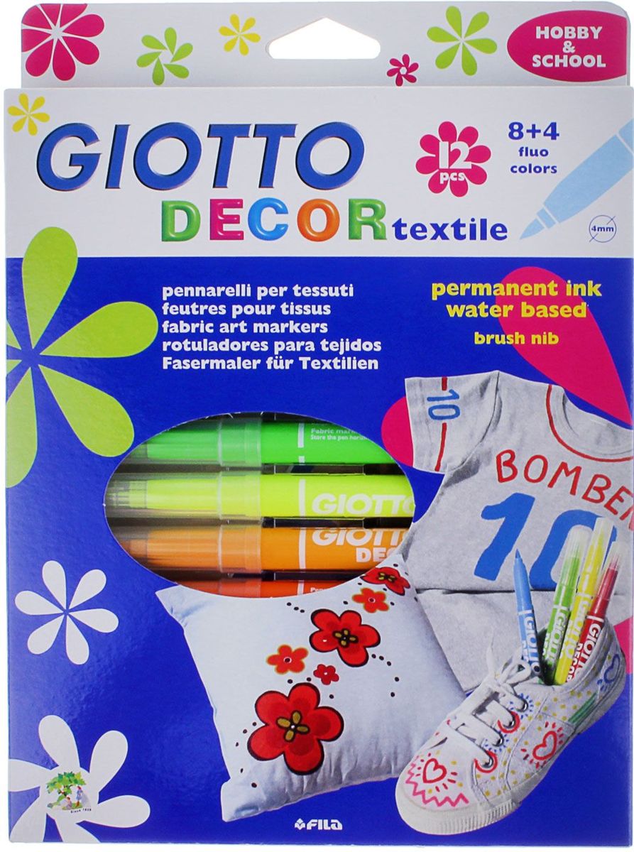 Giotto Набор маркеров для ткани Decor Textile 12 цветов505628 Giotto Набор маркеров для ткани Decor Textile 12 цветов505628AST 12 GIOTTO DECOR TEXTILE 12 цв. Специальные фломастеры для декорирования по ткани. Перманентные, для закрепления перманентного эффекта обязательно пройтись поверх рисунка горячим утюгом без пара. Фетровый наконечник. Чернила на водной основе, без запаха.