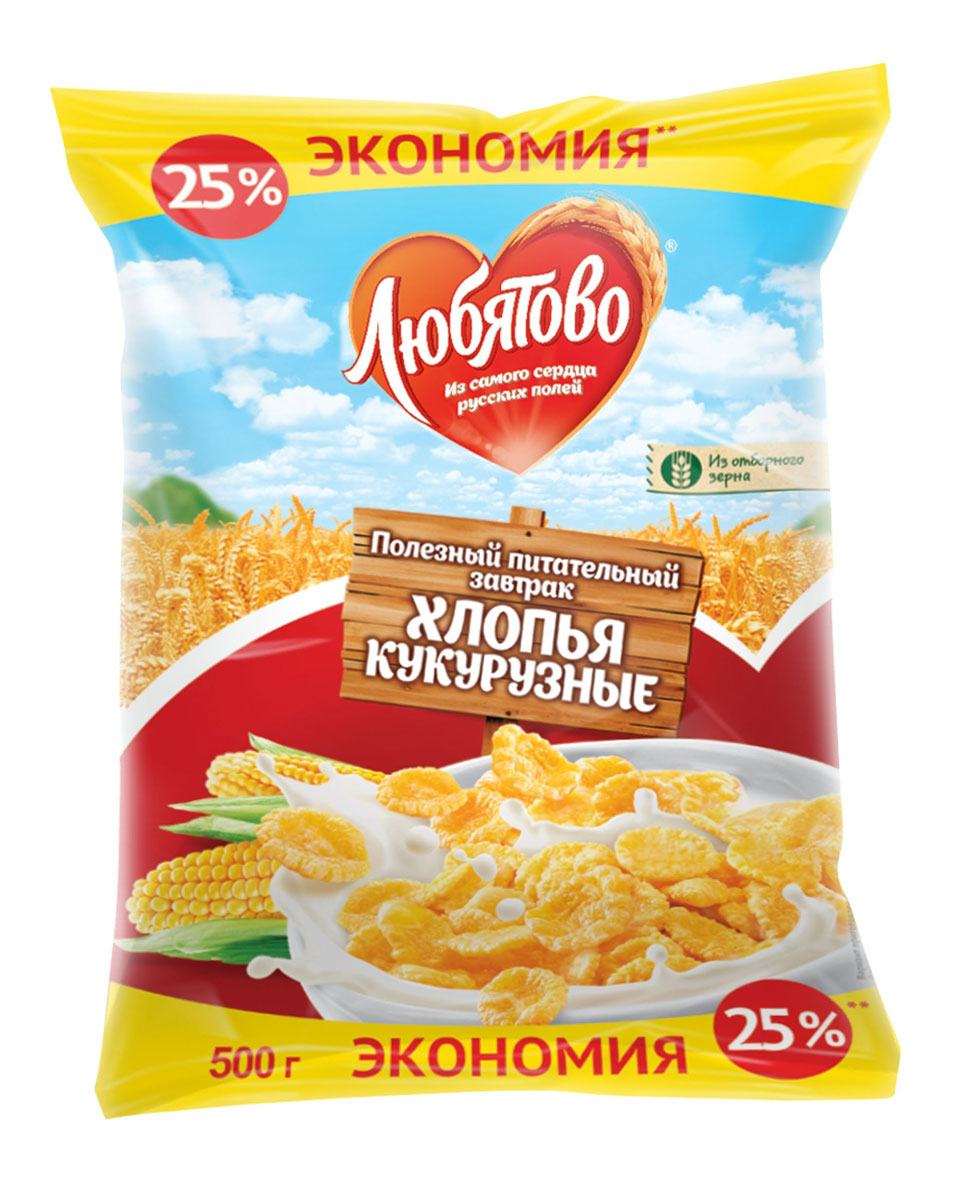 Любятово Готовый завтрак Хлопья кукурузные, 500 г1507 Любятово Готовый завтрак Хлопья кукурузные, 500 г1507Полезный завтрак из цельных злаков.