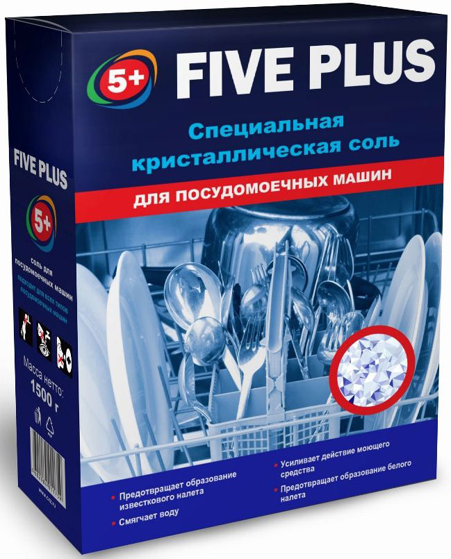Соль для посудомоечных машин 5+ Five Plus, 1,5 кг4602984011759 Соль для посудомоечных машин 5+ Five Plus, 1,5 кг46029840117595+ FIVE PLUS соль для посудомоечных машин. Крупнокристаллическая соль для посудомоечных машин обладает комплексным действием: предотвращает образование известкового налёта, смягчает воду и усиливает действие моющего средства. Регулярное использование защитной соли продлевает срое эксплуатации посудомоечной машины.