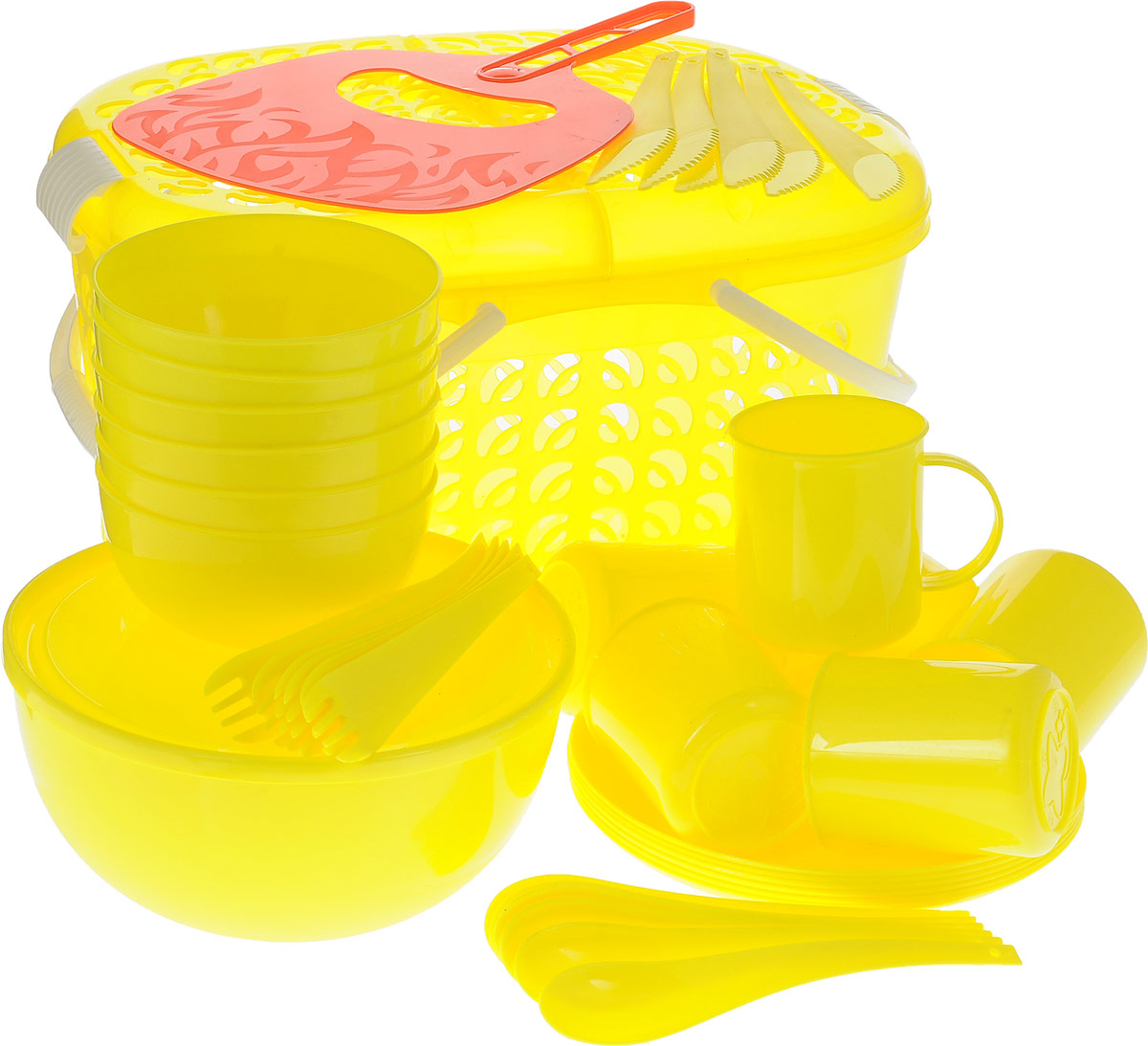 Набор для пикника Plastic Centre, цвет: желтый, красный, 41 предметПЦ1842ЛМН Набор для пикника Plastic Centre, цвет: желтый, красный, 41 предметПЦ1842ЛМННабор для пикника Plastic Centre, выполненный из высококачественного полипропилена, рассчитан на 6 персон. В набор входят корзина-переноска с крышкой, большой салатник с крышкой, веер для раздувания, 6 маленьких салатников, 6 тарелок, 6 кружек, 6 вилок, 6 ложек и 6 ножей. Набор для пикника Plastic Centre - это все, что нужно для организации загородной поездки. Легкую посуду удобно взять с собой. Яркие цвета и привлекательный дизайн создадут уютную атмосферу и дополнят радостные моменты на природе. Прочный пластик подходит для многократного использования. Корзина-переноска с крышкой и удобными ручками позволит вместить не только сам набор, но и еду для пикника. Набор для пикника Plastic Centre обеспечит полноценный отдых на природе для большой компании или семьи. Объем большого салатника: 2,5 л. Диаметр большого салатника (по верхнему краю): 20,5 см. Высота большого салатника: 10 см. Объем маленького салатника: 550 мл. ...