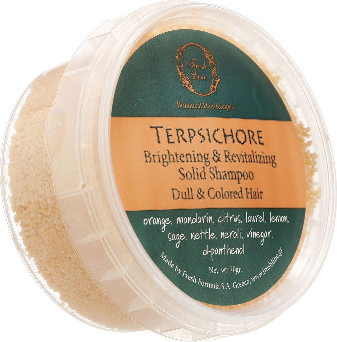 Fresh Line Шампунь твердый для волос для силы и блеска Терпсихора, 70 г900620 Fresh Line Шампунь твердый для волос для силы и блеска Терпсихора, 70 г900620Содержит смесь тонизирующих и укрепляющих эфирных масел: лимона, апельсина, нероли, лавра благородного, кедра, шалфея мускатного. Придает сияние тусклым волосам. Также может применяться для волос с жирными корнями и сухими кончиками.