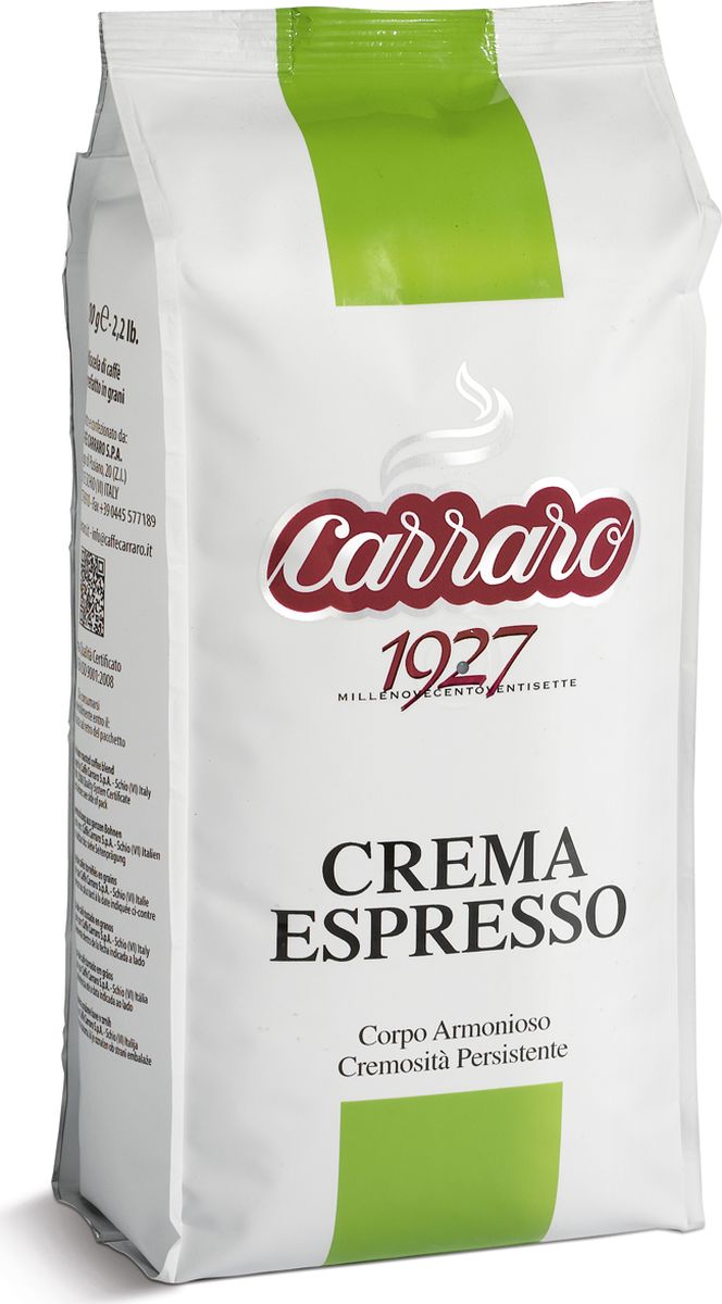 Carraro Crema Espresso кофе в зернах, 1 кг8000604001177 Carraro Crema Espresso кофе в зернах, 1 кг8000604001177Кофе Карраро Крема Эспрессо - натуральный жареный высший сорт, в зернах. Средняя обжарка. Арабика - 85%, Робуста - 15%.