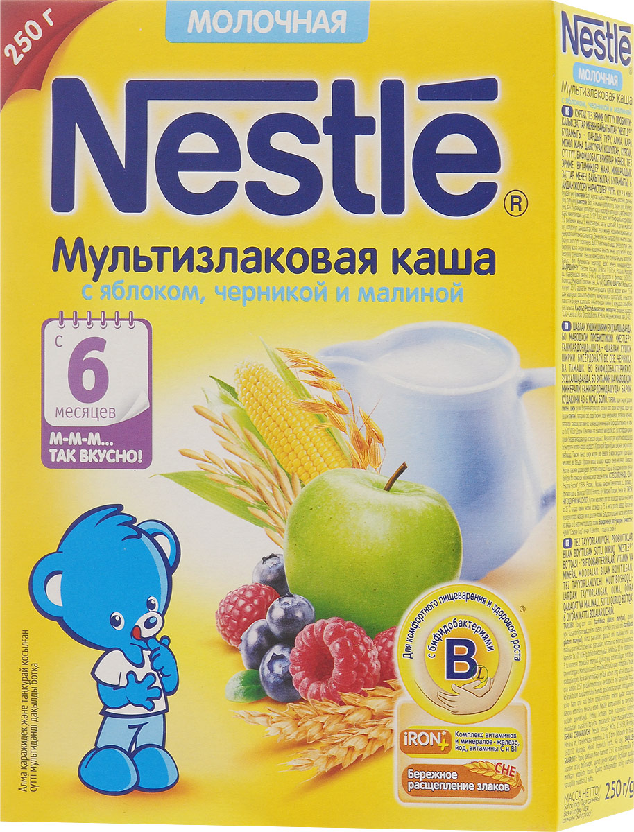Nestle каша молочная мультизлаковая с яблоком, черникой и малиной, с 6 месяцев, 250 г12196295 Nestle каша молочная мультизлаковая с яблоком, черникой и малиной, с 6 месяцев, 250 г12196295Молочная мультизлаковая каша с яблоком, черникой и малиной приготовлена с использованием особой технологии бережного расщепления злаков СНЕ. Благодаря этому в продукте появляется естественный сладкий вкус, каша лучше усваивается и имеет повышенную пищевую ценность. Каша является полезным сбалансированным прикормом для здоровых детей. 5 злаков (пшеница, греча, овес, рис и кукуруза) дополняют друг друга, обеспечивая ребенка питательными веществами. Яблоко, черника и малина способствуют развитию вкусовых восприятий малыша. Каша обогащена витаминами и микроэлементами, содержит пробиотики - живые бифидобактерии комплекса BL. Они способствуют нормализации пищеварения, росту здоровой микрофлоры и укреплению иммунитета, что очень важно в период введения прикорма. Идеальной пищей для грудного ребенка является молоко матери. Продолжайте грудное вскармливание как можно дольше после введения прикорма.