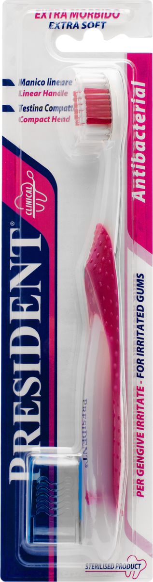 President зубная щетка Antibacterial, экстрамягкая74903 President зубная щетка Antibacterial, экстрамягкая74903Сравнительные исследования показывают более высокую антибактериальную защиту от анаэробных бактерий благодаря серебряному покрытию базовой головки. Экстрамягкие щетинки Tynex от DuPont обеспечивают тщательную и деликатную гигиену полости рта.