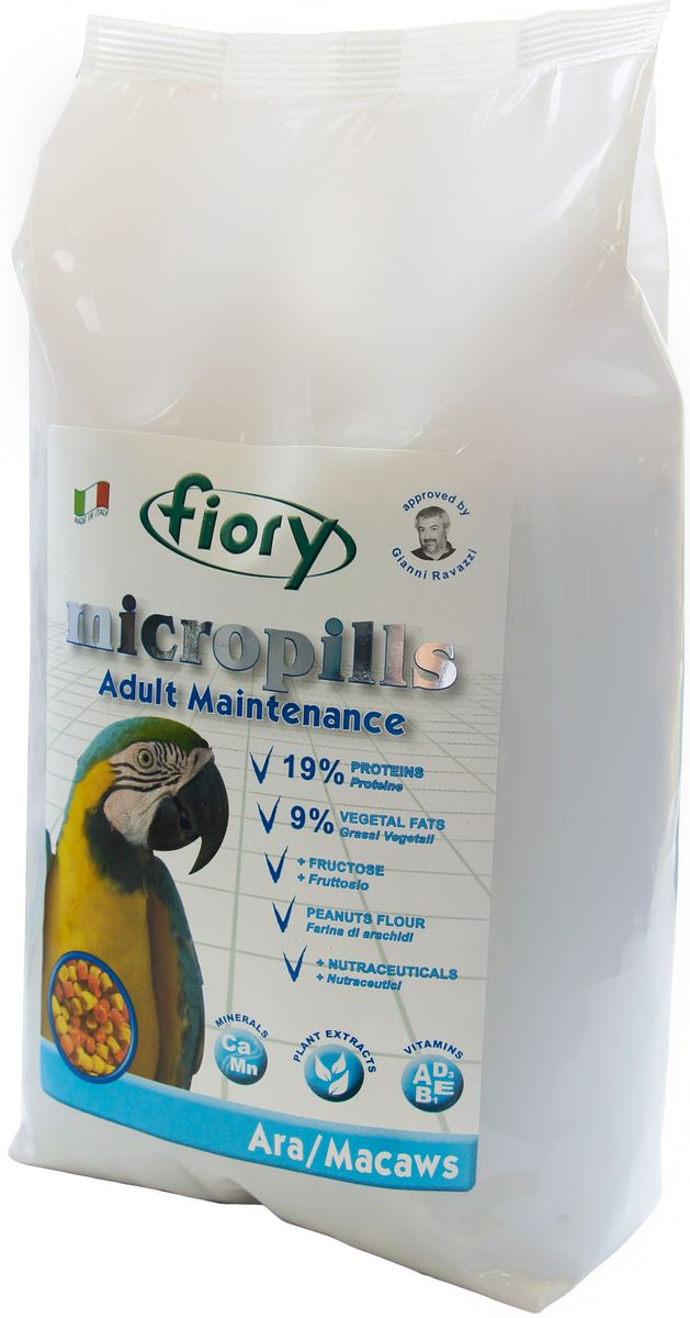 Корм сухой Fiory Micropills Ara/Macaws, для попугаев Ара, 2,5 кг0432 Корм сухой Fiory Micropills Ara/Macaws, для попугаев Ара, 2,5 кг0432Fiory Microppils Ara полноценный корм, созданный на основе пищевых потребностей взрослых попугаев Ара. Продукт содержит необходимое для данного вида попугаев повышенное количество белка (19%) и жира (9%). В качестве важного природного источника углеводов в данном корме используется фруктоза. Живой глютен пшеницы хорошо переваривается организмом птицы и служит отличным источником белка. Уникальная технология экструзии без применения высоких температур позволяет сохранить питательные вещества исходных компонентов. Бисквитная, рисовая и арахисовая мука придают корму высокую вкусовую привлекательность. Комплекс нутрицевтиков (дрожжи, инулин Цикория, фруктоолигосахариды, бета-глюканы, Омега-3 и Омега-6 жирные кислоты, титрованные растительные экстракты и др.) способствует правильному пищеварению, укрепляет иммунную систему, повышает усвоение минеральных веществ, улучшает работу сердца и сосудов, играет важную роль в развитии головного мозга и зрения, способствует...