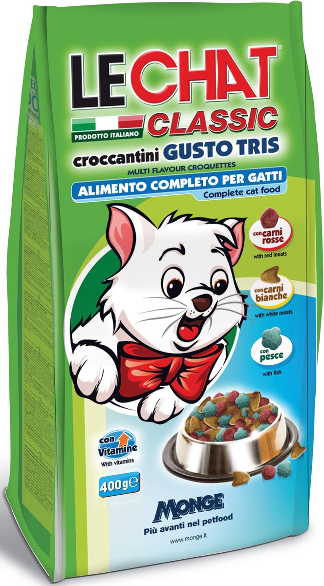 Консервы Monge Lechat Cat Gusto Tris, для кошек, трио вкусов (говядина, курица, рыба), 400 г70000840 Консервы Monge Lechat Cat Gusto Tris, для кошек, трио вкусов (говядина, курица, рыба), 400 г70000840Анализ компонентов: белок 30%, сырые масла и жиры 12%, сырая зола 9%, сырая клетчатка 2,5%. Пищевые добавки: витамин А (как ретинол ацетат) 15000 МЕ, витамин D3 (как кальциферол) 1100МЕ, витамин Е (альфа-токоферол ацетат) 85 мг/кг, сульфат железа моногидрат 270 мг/кг (железа 80 мг/кг), оксид цинка 100 мг/кг (цинк 75 мг/кг), сульфат марганца моногидрат 45 мг/кг (марганец 15 мг/кг), сульфат меди пентагидрат 25 мг/кг (меди 6 мг/кг), йодат кальция безводный 1,30 мг/кг (йод 0,8 мг/кг), селенит натрия 0,23 мг/кг (селен 0,10 мг/кг). Аминокислоты: таурин 0,14%, Технологические добавки: антиоксиданты.Злаки, мясо и мясные субпродукты (говядины мин. 8%, курицы мин. 5%), рыба и рыбные субпродукты (рыбы мин. 5%), масла и жиры, овощи, минералы, дрожжи (маннаноолигосахариды (МОС) 400 мг/кг), фруктоолигосахариды (ФОС) 400 мг/кг, юкка Шидигера 1000 мг/кг.Корм должен быть доступен кошке без ограничения количества. Она будет съедать ровно столько, сколько необходимо её организму для...