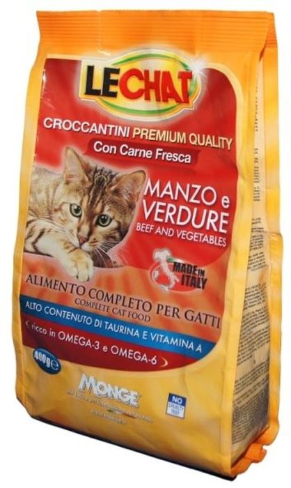 Консервы Monge Lechat Cat, для кошек, с говядиной и овощами, 400 г70061803 Консервы Monge Lechat Cat, для кошек, с говядиной и овощами, 400 г70061803Анализ компонентов: сырой белок 30%, сырые масла и жиры 12%, сырая зола 9,5%, сырая клетчатка 2,5%, магний 0,12%, кальций 2,5%, фосфор 1,5%, омега-6 2,06%, омега-3 0,57%. Пищевые добавки: витамин А (как ретинол ацетат) 22000 МЕ, витамин D3 (как кальциферол) 1600МЕ, витамин Е (альфа-токоферол ацетат) 120 мг/кг, таурин 1343 мг/кг, холина хлорид 2200 мг/кг, DL-метеонин 6500 мг/кг, сульфат марганца моногидрат 60 мг/кг (марганец 20 мг/кг), оксид цинка 125 мг/кг (цинк 90 мг/кг), сульфат меди пентагидрат 30 мг/кг (меди 7,8 мг/кг), сульфат железа моногидрат 215 мг/кг (железа 65 мг/кг), селенит натрия 0,30 мг/кг (селен 0,12 мг/кг), йодат кальция безводный 1,60 мг/кг (йод 1 мг/кг). Технологические добавки: антиоксиданты. Энергетическая ценность: 374 ккал/100г.Злаки, мясо и мясные субпродукты (свежаяговядина мин. 5%), масла и жиры (масло лосося 0,5%), овощи (нерастворимые волокнагорошка, дегидрированныйгорошек), рыба и рыбные субпродукты, минералы, дрожжи (маннаноолигосахариды (МОС)...