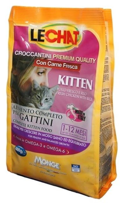 Консервы Monge Lechat Cat, для котят со свежей курицей и рисом, 400 г70061841 Консервы Monge Lechat Cat, для котят со свежей курицей и рисом, 400 г70061841Анализ компонентов: белок 34%, сырые масла и жиры 15%, сырая зола 9,5%, сырая клетчатка 2,5%, магний 0,09%, кальций 1,66%, фосфор 1,11%, омега-6 2,67%, омега-3 0,86%. Пищевые добавки: витамин А (как ретинол ацетат) 29000 МЕ, витамин D3 (как кальциферол) 2000МЕ, витамин Е (альфа-токоферол ацетат) 150 мг/кг, таурин 1952 мг/кг, холина хлорид 2500 мг/кг, DL-метеонин 8600 мг/кг, сульфат марганца моногидрат 85 мг/кг (марганец 27 мг/кг), оксид цинка 175 мг/кг (цинк 125 мг/кг), сульфат меди пентагидрат 45 мг/кг (меди 10 мг/кг), сульфат железа моногидра 300 мг/кг (железа 100 мг/кг), селенит натрия 0,40 мг/кг (селен 0,17 мг/кг), йодат кальция безводный 2,25 мг/кг (йод 1,45 мг/кг). Технологические добавки: антиоксиданты. Энергетическая ценность: 387 ккал/100г.Мясо и мясные субпродукты (свежее мясо курицы мин. 5%), злаки (рис мин. 5%), масла и жиры (масло лосося 0,5%), рыба и рыбные субпродукты, овощи, минералы, дрожжи (маннаноолигосахариды (МОС) 500 мг/кг), фруктоолигосахариды (ФОС)...