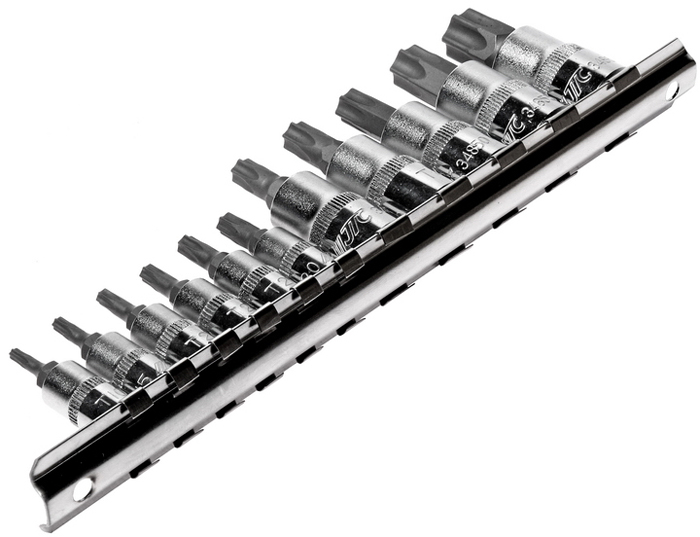 JTC Набор головок торцевых с насадкой TORX. JTC-3902JTC-3902 JTC Набор головок торцевых с насадкой TORX. JTC-3902JTC-3902В комплекте: Размеры под ключ 1/4 Dr. - Т-10Н, Т-15Н, Т-20Н, Т-25Н, Т-27Н, Т-30Н. Размеры под ключ 3/8 Dr. - Т-40Н, Т-45Н, Т-50Н, Т-55Н, Т-60Н. Головки изготовлены из закаленной хром-ванадиевой стали. Полированная поверхность. В набор входит планка крепления и хранения головок. Габаритные размеры: 270/100/20 мм. (Д/Ш/В) Вес: 420 гр.