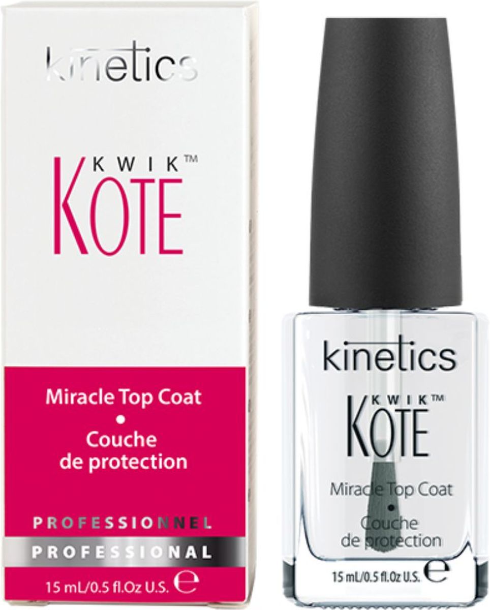 Kinetics Быстросохнущее верхнее покрытие Kwik Kote Miracle Top Coat, 15 млKKOT Kinetics Быстросохнущее верхнее покрытие Kwik Kote Miracle Top Coat, 15 млKKOTВерхнее покрытие с сушкой для лака Kwik Kote - быстросохнущее верхнее покрытие с устойчивым сверкающим блеском. Наносится на лак или на искусственные ногти.