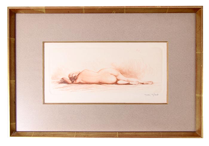 Обнаженная. Офорт, сухая игла, сангина. Франция, 1935 год306-14183/EifelTower Обнаженная. Офорт, сухая игла, сангина. Франция, 1935 год306-14183/EifelTowerОфорт, сухая игла, сангина, 1935 год. Автор - Жан Огюст Вибо (Jean Auguste Vyboud; 1872 - 1944), живописец, гравер, рисовальщик. Ученик французского художника-символиста Гюстава Моро (Gustave Moreau ; 1826-1898) и гравера Леопольда Флэминга (Leopold Flameng; 1831-1911). Офорт заключен в паспарту и раму. Размер окна 26,5 х 13 см, размер рамы 40 х 27 см. Сохранность коллекционная. В правом нижнем углу - авторская подпись Jean Vyboud, сделанная карандашом. Имеется петля для подвески. Великолепная работа знаменитого французского графика Жана Вибо! Изысканный подарок коллекционеру и неповторимое украшение интерьера!