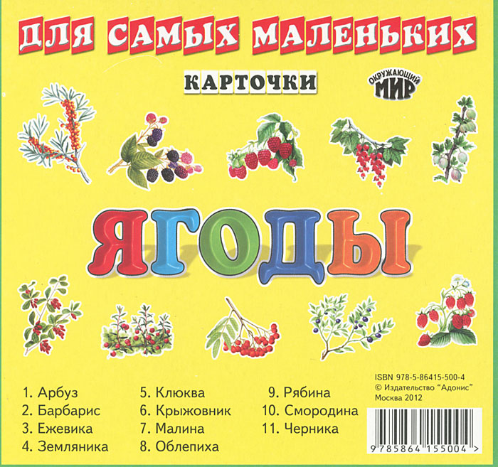 Ягоды (набор из 11 карточек)12296407 Ягоды (набор из 11 карточек)12296407Карточки для самых маленьких - наглядные пособия по программе дошкольного обучения. Красочные иллюстрации познакомят детей с многообразием окружающего мира. Комплекты карточек могут быть использованы как раздаточный материал для проведения индивидуальных и групповых занятий в детских садах, в начальных классах школы и дома.