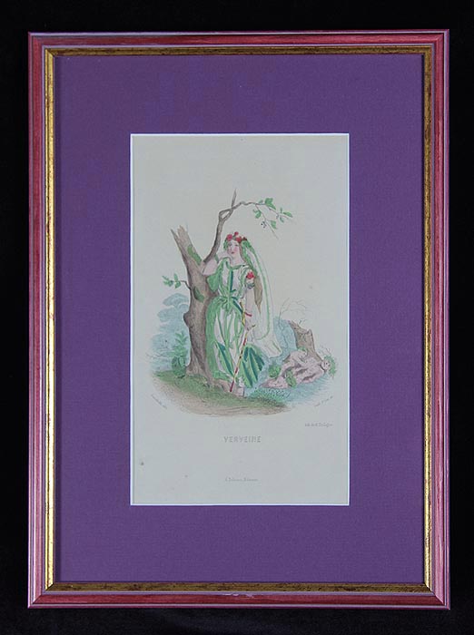 Мисс Вербена (Verveine). Гранвиль. Из серии Одушевленные цветы (Les Fleurs animees). Литография, акварель. Франция, 1840 годАОКАУП Мисс Вербена (Verveine). Гранвиль. Из серии Одушевленные цветы (Les Fleurs animees). Литография, акварель. Франция, 1840 годАОКАУППревосходно для изысканного подарка! Оригинальная цветная литография из серии Les Fleurs animees, выполненная известнейшим французским иллюстратором и рисовальщиком XIX века Жаном Гранвилем. Красавица Вербена в длинных ниспадающих одеждах стоит, прислонившись к дереву. Ее длинные русые волосы украшает венок из цветов. Литография из серии Les Fleurs animees - это неповторимое украшение интерьера и тонкий комплимент Вашему вкусу! Цветная литография, ручная раскраска акварелью. Париж, 1840 год. Автор - французский рисовальщик-иллюстратор Жан Иньяс Изидор Гранвиль (фр. Jean Ignace Isidore Gerard, по прозвищу Grandville; 1803-1847). Граверы Guill, T.Sas. Лист из серии Одушевленные цветы (Les Fleurs animees). Литография заключена в раму и паспарту. Размер рамы 27 х 37 см. Размер окна 14 х 24 см. В нижней части листа указаны гравер и издатель. Сохранность коллекционная. Не подлежит вывозу за пределы Российской...