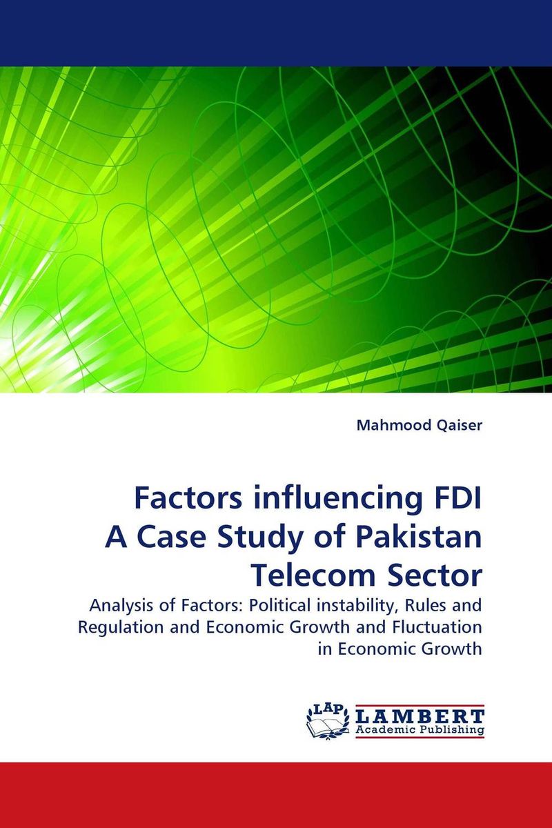 Factors influencing FDI A Case Study of Pakistan Telecom Sector12296407 Factors influencing FDI A Case Study of Pakistan Telecom Sector12296407This book is a valuable addition in the research field of factors influencing FDI. In this research study it is tried to investigate what are the key factors influencing FDI and why these factors are are considered important for the inflow of FDI regarding host country. In this book mainly focus on three factors; Political instability, Rules and Regulations and Fluctuation in Economic Growth. These factors are considered crucial and analyzed critically by the investors prior to make decision for their investment in target country. In This book focus on situation of Pakistan regarding these factors and tried to measure what extent of relationsip exists between FDI and these influencing factors.