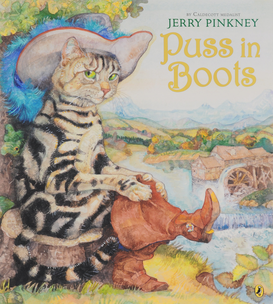 PUSS IN BOOTS12296407 PUSS IN BOOTS12296407The beloved tale by Charles Perrault is retold by Jerry Pinkney, and Jerry stays quite faithful to the original. This is the story of a poor millers son (Benjamin) whose clever cat figures out a scheme for winning Benjamin all the riches he desires. Puss in Boots parades as page to the fictional Count of Carabas, bringing the king rabbits and other game supposedly from the count, then tricking the king into providing the count with gold and lordly clothing. Next Puss in Boots tricks a rich sorcerer into turning himself into a mouse. After Puss pounces on the mouse and eats him, the sorcerers estate is free for the taking, and Benjamin truly does become a wealthy count, soon to be husband to the princess. Puss in Boots is named Prime Minister.