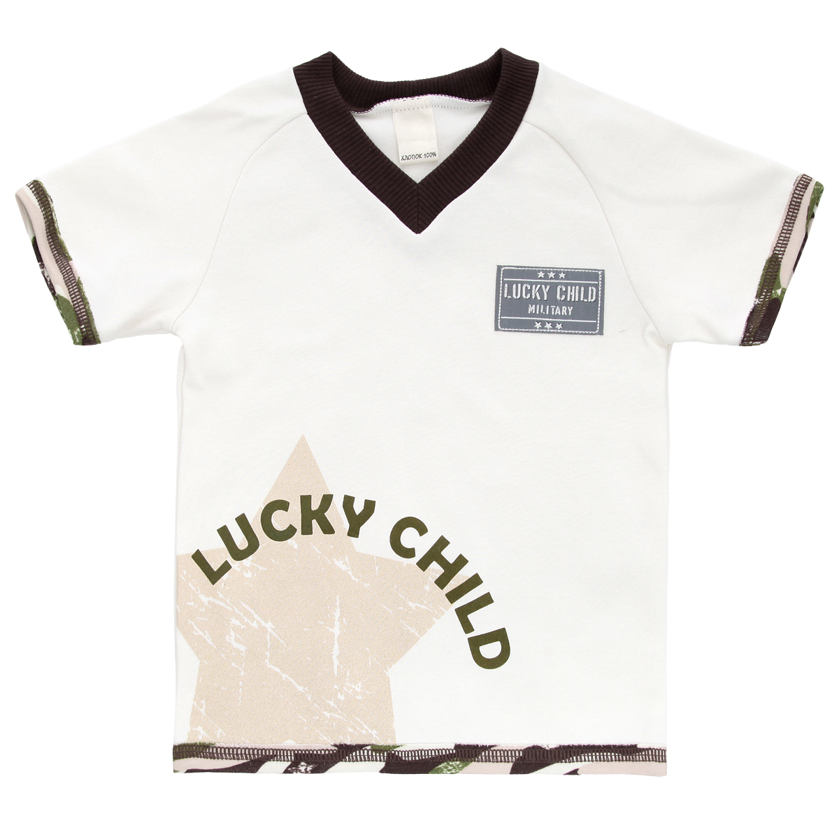 Футболка31-262 Футболка31-262Футболка для мальчика Lucky Child Вежливые люди послужит идеальным дополнением к гардеробу вашего малыша, обеспечивая ему наибольший комфорт. Изготовленная из интерлока - натурального хлопка, она необычайно мягкая и легкая, не раздражает нежную кожу ребенка и хорошо вентилируется, а эластичные швы приятны телу ребенка и не препятствуют его движениям. Футболка с короткими рукавами-реглан имеет V-образный вырез горловины. Горловина дополнена трикотажной эластичной резинкой. На груди модель оформлена небольшой нашивкой с названием бренда. Низ изделия и низ рукавов оформлены защитным принтом. Также спереди футболка оформлена принтом с изображением блестящей звезды и принтовой надписью с названием бренда. Футболка полностью соответствует особенностям жизни ребенка в ранний период, не стесняя и не ограничивая его в движениях!