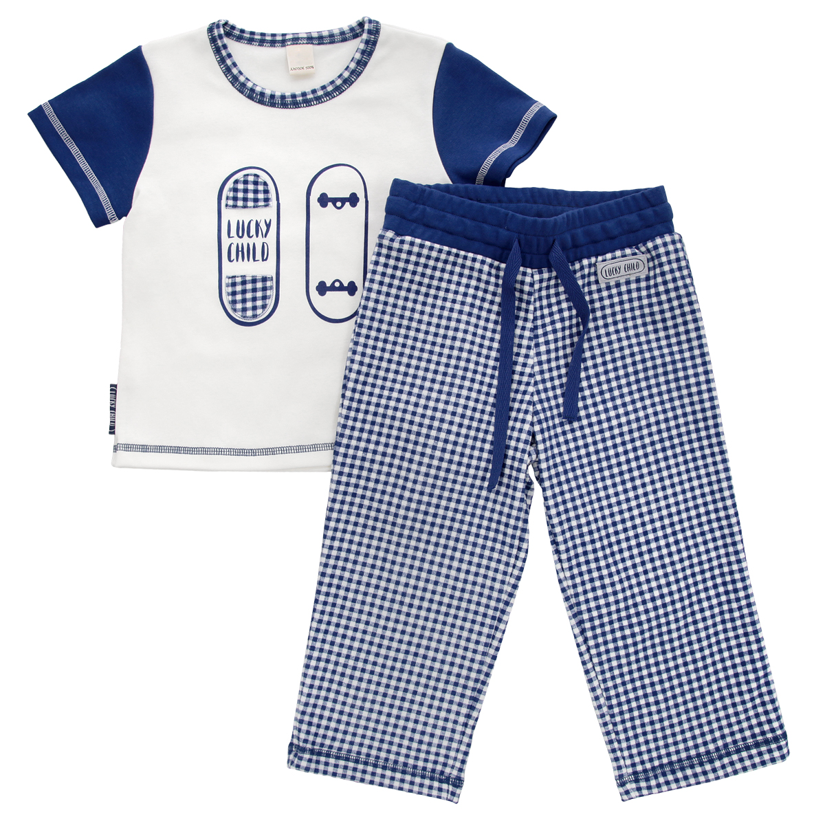 Пижама13-403 Пижама13-403Очаровательная пижама для мальчика Lucky Child, состоящая из футболки и брюк, идеально подойдет вашему маленькому мужчине и станет отличным дополнением к детскому гардеробу. Изготовленная из натурального хлопка - интерлока, она необычайно мягкая и приятная на ощупь, не раздражает нежную кожу ребенка и хорошо вентилируется, а эластичные швы приятны телу и не препятствуют его движениям. Футболка с короткими рукавами и круглым вырезом горловины оформлена спереди оригинальной аппликацией и принтом с изображением скейтборда. Горловина оформлена принтом в клетку. Низ рукавов и низ изделия оформлены контрастной фигурной прострочкой. Брюки на талии имеют широкий эластичный пояс со шнурком, благодаря чему они не сдавливают животик ребенка и не сползают. Оформлены брюки принтом в клетку и небольшой нашивкой с названием бренда. Такая пижама идеально подойдет вашему ребенку, а мягкие полотна позволят ему комфортно чувствовать себя во время сна!