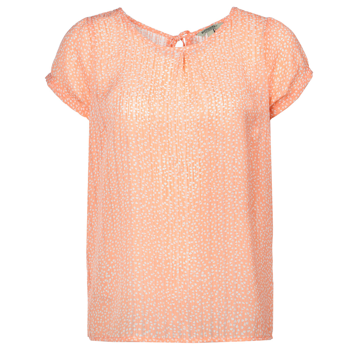 Блузка10149954 240-peach graphic print Блузка10149954 240-peach graphic printВоздушная блузка Broadway с коротким рукавом сделает вас неотразимой и в будни, и в праздники. Изготовлена из тонкого полупрозрачного материала. Модель свободного силуэта, с круглым вырезом горловины. Изделие оформлено оригинальным орнаментом. Спинка с V-образным вырезом на завязках. Такая блузка займет достойное место в вашем гардеробе.