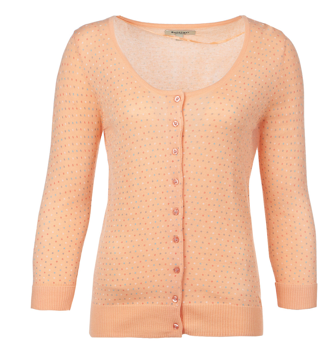 Кардиган женский. 1014990710149907 22D-peach nectar dots Кардиган женский. 1014990710149907 22D-peach nectar dotsСтильный женский кардиган Broadway, изготовленный из хлопка и полиакрила, не сковывает движения, обеспечивая наибольший комфорт. Модель с круглым вырезом горловины и длинными рукавами застегивается спереди на пуговицы по всей длине изделия. Манжеты и низ изделия отделаны широкой трикотажной резинкой. Этот модный кардиган послужит отличным дополнением к вашему гардеробу, он станет главной составляющей вашего стиля. В нем вы всегда будете чувствовать себя уютно и комфортно.