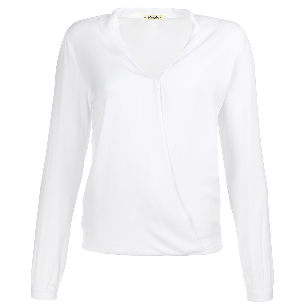 БлузкаL-KO-1720 WHITE БлузкаL-KO-1720 WHITEВеликолепная легкая блузка Moodo с эффектом запаха выполнена из высококачественного струящегося материала. Модель свободного кроя с V-образным вырезом горловины и длинными рукавами. Рукава дополнены манжетами, которые застегиваются на пуговицы. Спереди по нижнему краю блузка собрана на резинку. Изделие отлично впишется в ваш гардероб и позволит создать множество стильных образов.