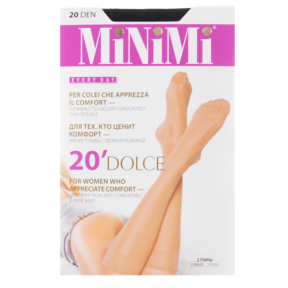 Гольфы женские Dolce 20, 2 парыDOLCE 20 Гольфы женские Dolce 20, 2 парыDOLCE 20Тонкие матовые гольфы Minimi Dolce с резинкой топ-комфорт и укрепленным мыском. В комплект входят 2 пары. Плотность: 20 den.