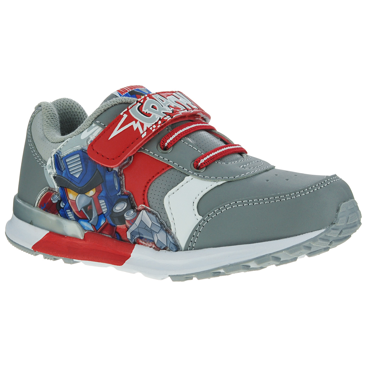 Кроссовки для мальчика Angry Birds Transformers. 54455445B Кроссовки для мальчика Angry Birds Transformers. 54455445BСтильные кроссовки Angry Birds Transformers от Kakadu очаруют вашего малыша с первого взгляда! Они выполнены из синтетической кожи и оформлены легкой перфорацией. Модель сбоку дополнена вставкой с символикой Angry Birds Transformers, язычок - нашивкой с символикой Autobirds. Ремешок и задник украшены оригинальным тиснением. Подъем оформлен декоративной эластичной шнуровкой. Полужесткий задник и ремешок на застежке-липучке надежно зафиксируют модель на ножке. Благодаря такой застежке ребенок может самостоятельно надевать обувь. Подкладка выполнена из 100% гипоаллергенного хлопка - материала, который позволяет коже дышать и хорошо впитывает влагу. Мягкая анатомическая стелька из EVA-материала с текстильной поверхностью уменьшает усталость ног, нагрузку на суставы и позвоночник, оказывает профилактическое действие против плоскостопия и придает комфорт при ходьбе. Подошва, изготовленная из EVA-материала и резины, оснащена рифлением для лучшей сцепки с поверхностью. При движении...