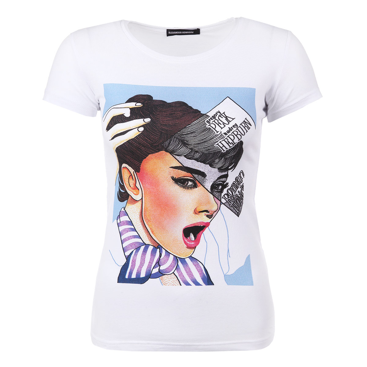 ФутболкаAudrey Hepburn Roman Holiday ФутболкаAudrey Hepburn Roman HolidayСтильная женская футболка Alexander Konasov, выполненная из высококачественного мягкого хлопка с небольшим добавлением лайкры, обладает высокой теплопроводностью, воздухопроницаемостью и гигроскопичностью, позволяет коже дышать. Модель с короткими рукавами и круглым вырезом горловины спереди оформлена принтом, изображающим афишу к фильму Римские каникулы с Одри Хепберн. Эта футболка - идеальный вариант для создания эффектного образа. Все изделия бренда Alexander Konasov кроятся только по лекалам из высококачественной ткани, идеально сидят на фигуре, после стирки не деформируются.