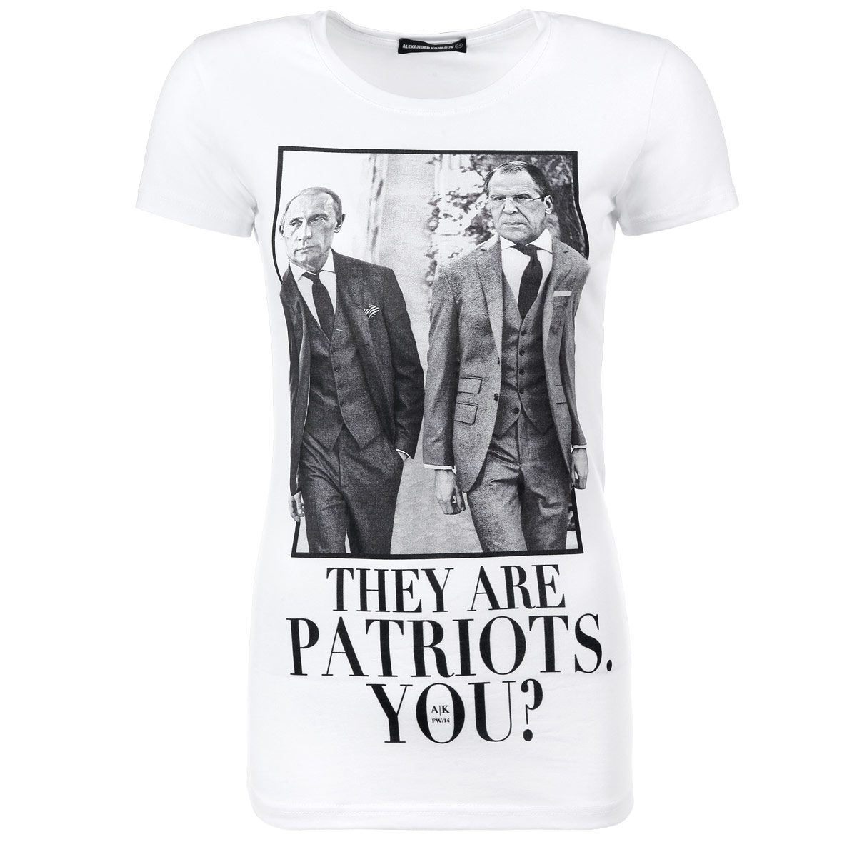 ФутболкаThey Are Patriots. Путин и Лавров ФутболкаThey Are Patriots. Путин и ЛавровСтильная женская футболка Alexander Konasov, выполненная из высококачественного мягкого хлопка с небольшим добавлением лайкры, обладает высокой теплопроводностью, воздухопроницаемостью и гигроскопичностью, позволяет коже дышать. Модель с короткими рукавами и круглым вырезом горловины спереди оформлена принтом с изображением президента Путина и министра иностранных дел Лаврова и надписью They are patriots. You?. Эта футболка - идеальный вариант для создания эффектного образа. Все изделия бренда Alexander Konasov кроятся только по лекалам из высококачественной ткани, идеально сидят на фигуре, после стирки не деформируются.