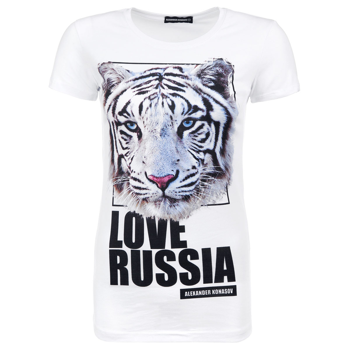 ФутболкаRussian Animals Tiger ФутболкаRussian Animals TigerСтильная женская футболка Alexander Konasov, выполненная из высококачественного мягкого хлопка с небольшим добавлением лайкры, обладает высокой теплопроводностью, воздухопроницаемостью и гигроскопичностью, позволяет коже дышать. Модель с короткими рукавами и круглым вырезом горловины спереди оформлена принтом с изображением тигра и надписью Love Russia. Эта футболка - идеальный вариант для создания эффектного образа. Все изделия бренда Alexander Konasov кроятся только по лекалам из высококачественной ткани, идеально сидят на фигуре, после стирки не деформируются.