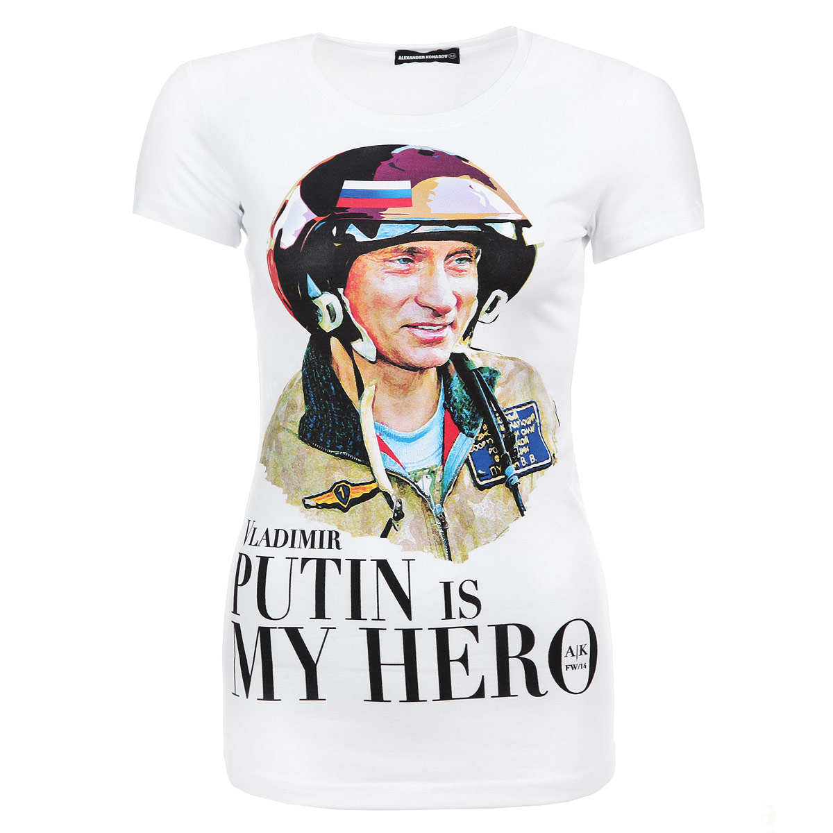 ФутболкаVladimir Putin Is My Hero ФутболкаVladimir Putin Is My HeroСтильная женская футболка Alexander Konasov, выполненная из высококачественного мягкого хлопка с небольшим добавлением лайкры, обладает высокой теплопроводностью, воздухопроницаемостью и гигроскопичностью, позволяет коже дышать. Модель с короткими рукавами и круглым вырезом горловины спереди оформлена принтом с изображением президента Путина в костюме пилота и надписью Vladimir Putin is my hero. Эта футболка - идеальный вариант для создания эффектного образа. Все изделия бренда Alexander Konasov кроятся только по лекалам из высококачественной ткани, идеально сидят на фигуре, после стирки не деформируются.