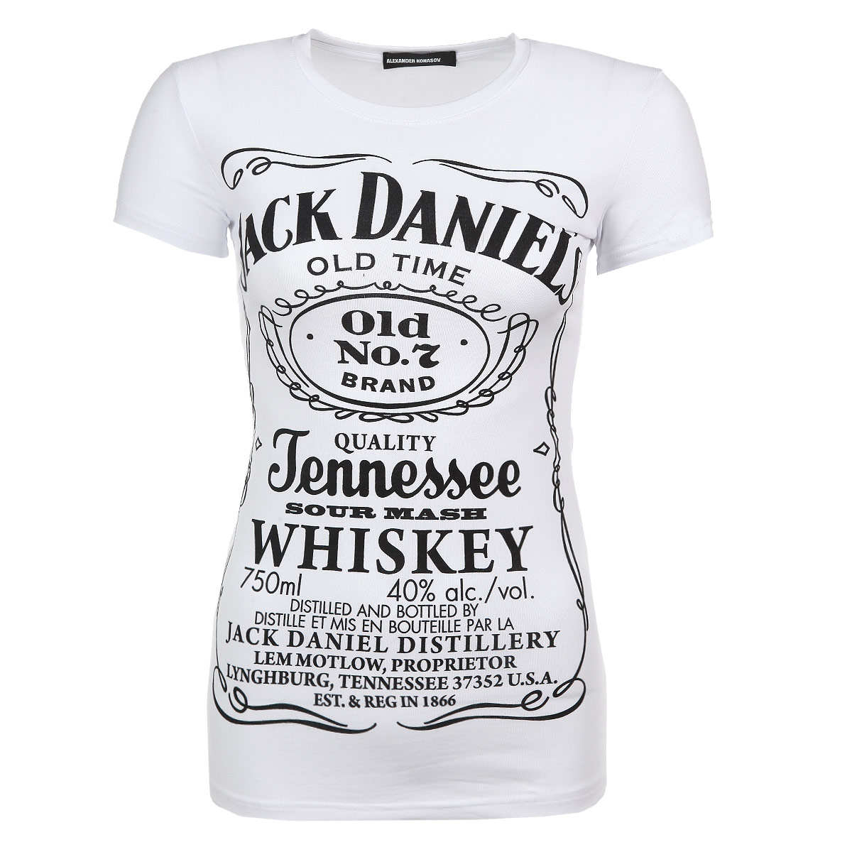 ФутболкаJack Daniels ФутболкаJack DanielsСтильная женская футболка Alexander Konasov, выполненная из высококачественного мягкого хлопка с небольшим добавлением лайкры, обладает высокой теплопроводностью, воздухопроницаемостью и гигроскопичностью, позволяет коже дышать. Модель с короткими рукавами и круглым вырезом горловины спереди оформлена текстовым принтом, стилизованным под этикету бутылки виски Jack Daniels. Эта футболка - идеальный вариант для создания эффектного образа. Все изделия бренда Alexander Konasov кроятся только по лекалам из высококачественной ткани, идеально сидят на фигуре, после стирки не деформируются.