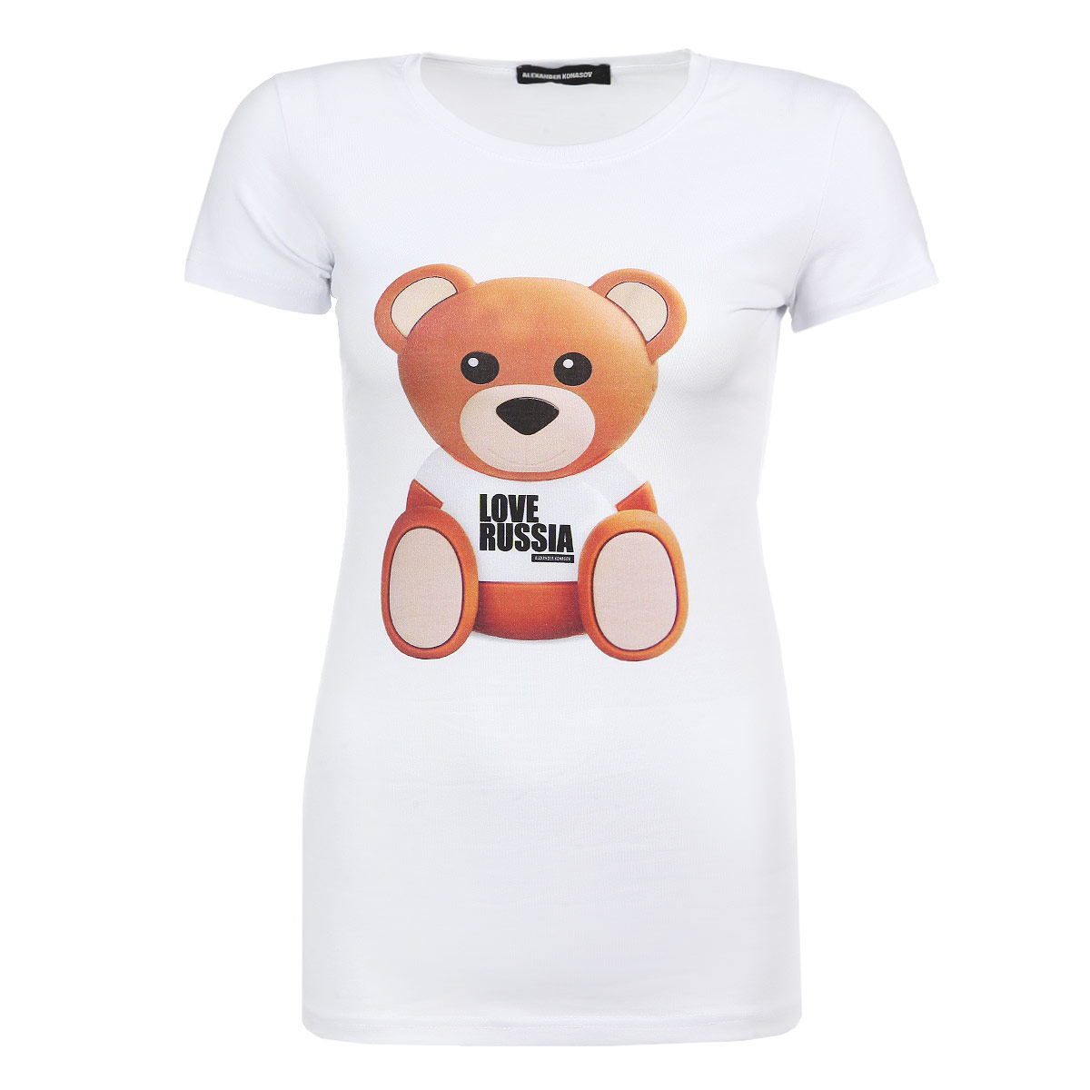 ФутболкаBear Love Russia ФутболкаBear Love RussiaСтильная женская футболка Alexander Konasov Bear Love Russia, выполненная из высококачественного мягкого хлопка с небольшим добавлением лайкры, обладает высокой теплопроводностью, воздухопроницаемостью и гигроскопичностью, позволяет коже дышать. Футболка трапециевидного кроя с короткими рукавами и круглым вырезом горловины спереди оформлена оригинальным принтом с крупным изображением медвежонка в футболке с надписью Love Russia. Эта футболка - идеальный вариант для создания эффектного образа. Все изделия бренда Alexander Konasov кроятся только по лекалам из высококачественной ткани, идеально сидят на фигуре, после стирки не деформируются.