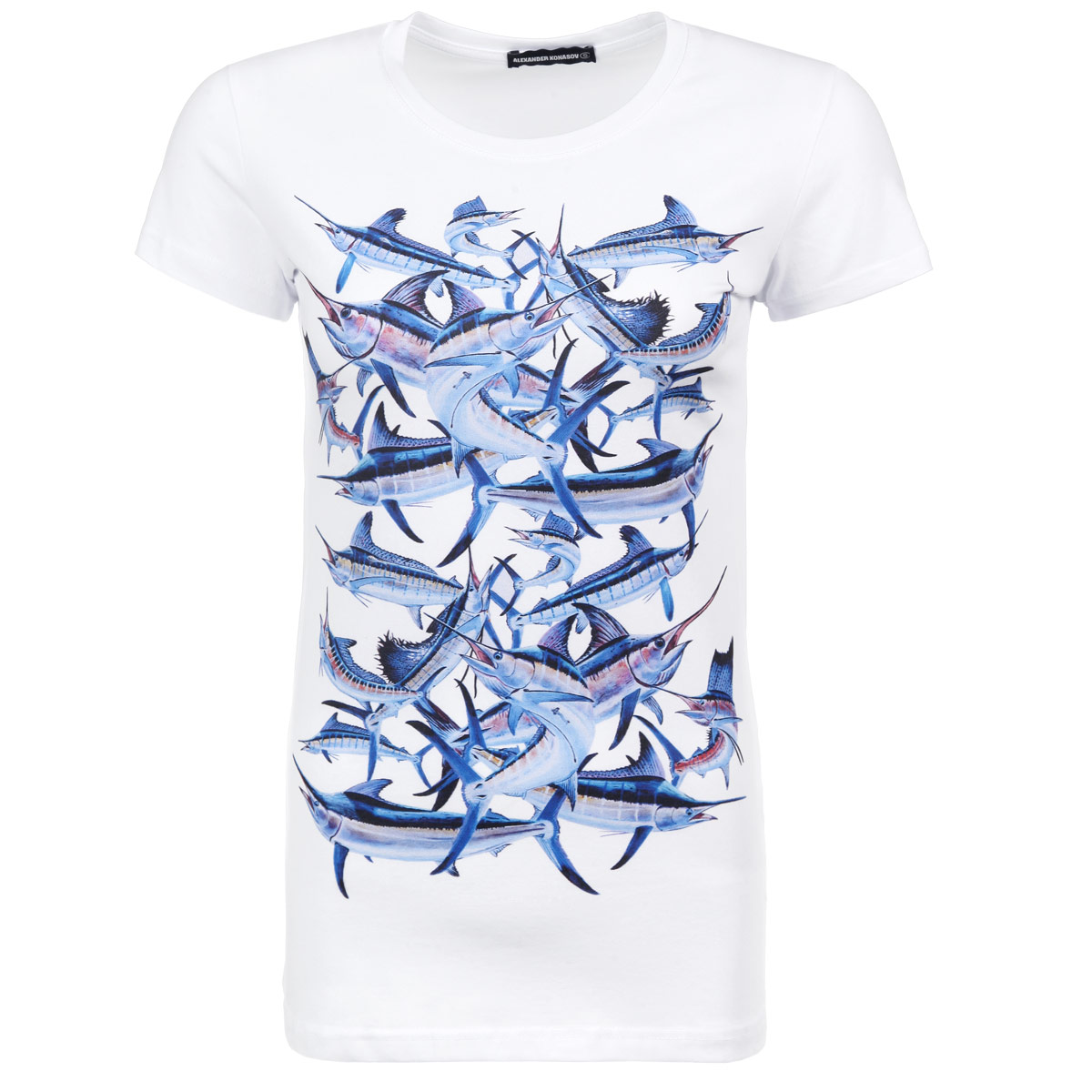 Футболка женская Blue FishBlue Fish Футболка женская Blue FishBlue FishСтильная женская футболка Alexander Konasov, выполненная из высококачественного мягкого хлопка с небольшим добавлением лайкры, обладает высокой теплопроводностью, воздухопроницаемостью и гигроскопичностью, позволяет коже дышать. Модель с короткими рукавами и круглым вырезом горловины спереди оформлена принтом с изображением голубых хищных рыб. Эта футболка - идеальный вариант для создания эффектного образа. Все изделия бренда Alexander Konasov кроятся только по лекалам из высококачественной ткани, идеально сидят на фигуре, после стирки не деформируются.