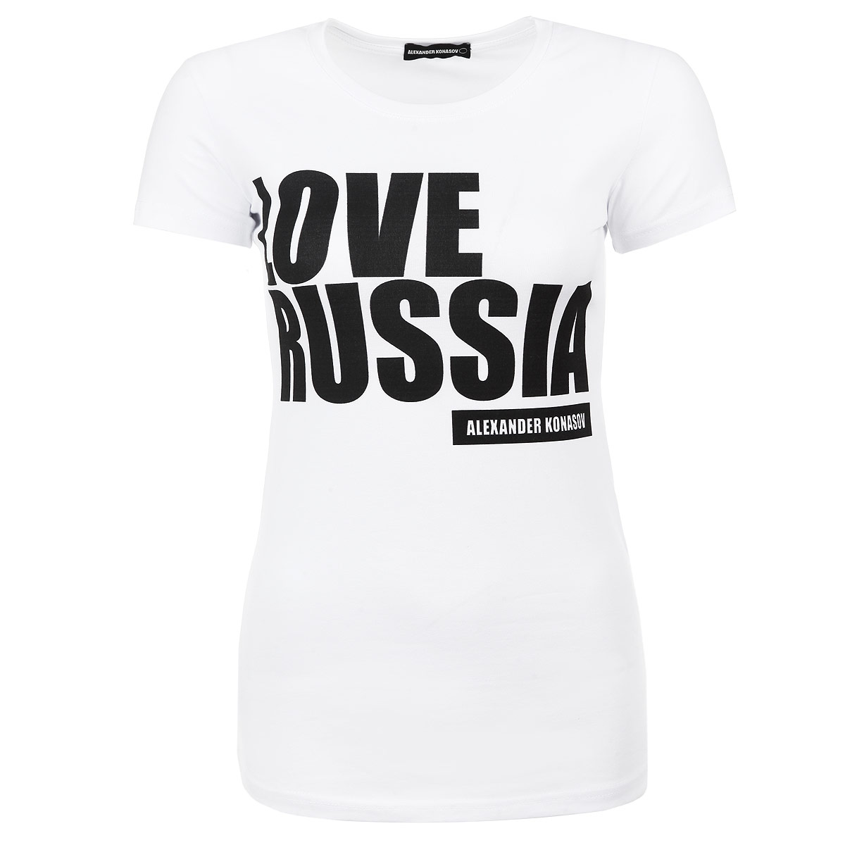 ФутболкаLove Russia Black ФутболкаLove Russia BlackСтильная женская футболка Alexander Konasov, выполненная из высококачественного мягкого хлопка с небольшим добавлением лайкры, обладает высокой теплопроводностью, воздухопроницаемостью и гигроскопичностью, позволяет коже дышать. Модель с короткими рукавами и круглым вырезом горловины спереди оформлена принтовой надписью Love Russia. Эта футболка - идеальный вариант для создания эффектного образа. Все изделия бренда Alexander Konasov кроятся только по лекалам из высококачественной ткани, идеально сидят на фигуре, после стирки не деформируются.