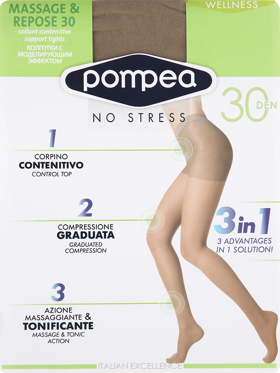 Колготки женские Wellness Massage & Repose 30Massage & Repose 30 Колготки женские Wellness Massage & Repose 30Massage & Repose 30Матовые эластичные колготки Pompea Wellness Massage & Repose, с распределенным давлением, плоским швом, шортиками, мягким поясом, ластовицей и укрепленным мыском. С массажным эффектом, стимулирующим кровообращение, помогающим предотвратить усталость и отечность, с антицеллюлитным эффектом. Плотность: 30 den.