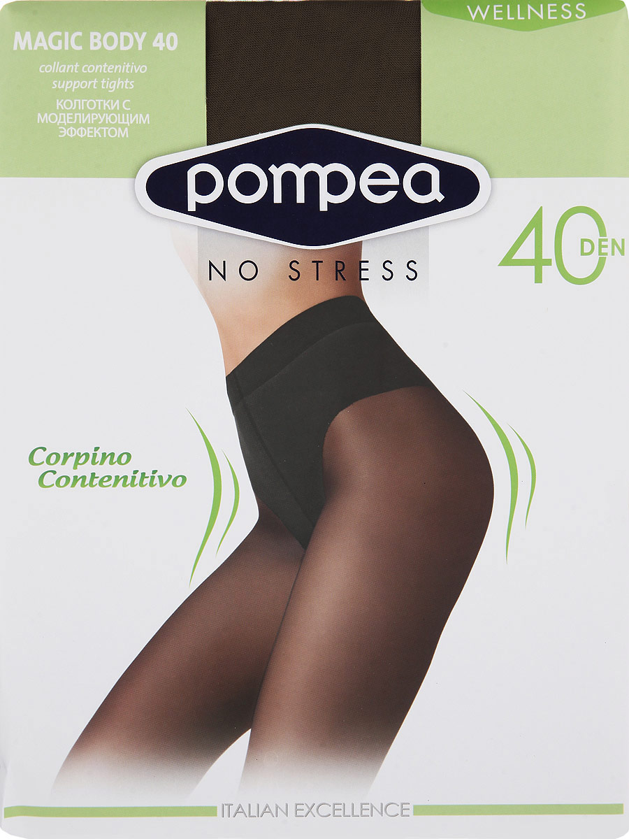 Колготки женские Wellness Magic Body 40. 764004764004 Nero Колготки женские Wellness Magic Body 40. 764004764004 NeroМатовые эластичные колготки Pompea Wellness Magic Body, с двойным кручением нити, поддерживающими трусиками бикини, плоским швом, хлопчатобумажной ластовицей и укрепленным мыском. Плотность: 40 den.