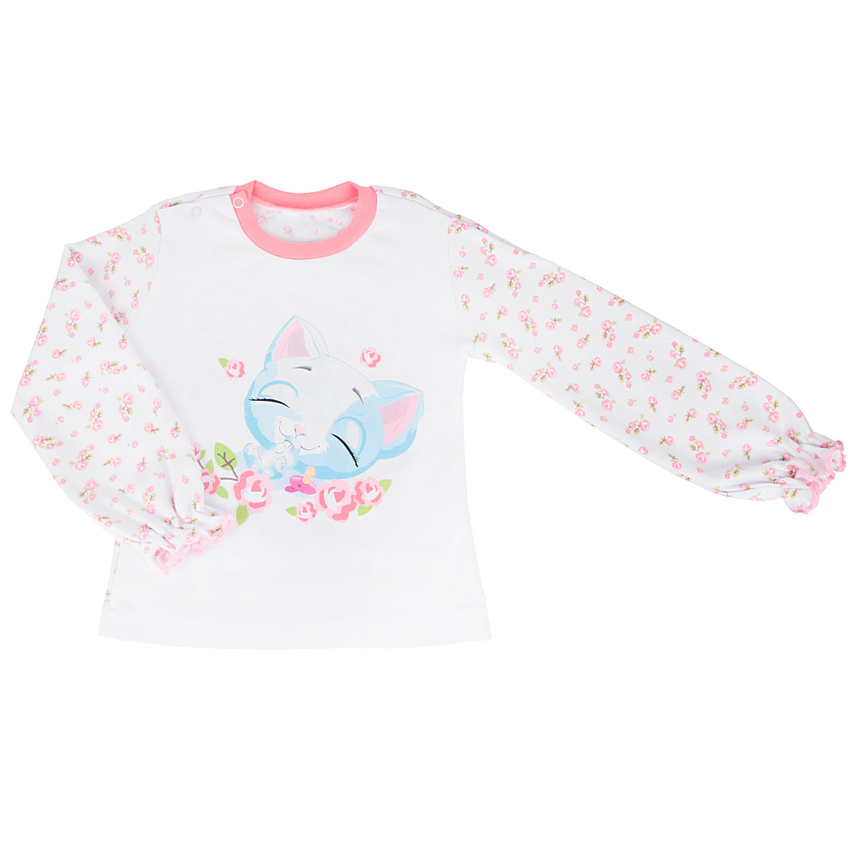 Кофточка для девочки. 37663766 Кофточка для девочки. 37663766Кофточка для девочки КотМарКот послужит идеальным дополнением к гардеробу вашей малышки, обеспечивая ей наибольший комфорт. Кофточка с длинными рукавами и круглым вырезом горловины изготовлена из натурального хлопка - интерлока, благодаря чему она необычайно мягкая и легкая, не раздражает нежную кожу ребенка и хорошо вентилируется, а эластичные швы приятны телу младенца и не препятствуют его движениям. Удобные застежки-кнопки по плечу помогают легко переодеть младенца. Низ рукавов присборен на эластичные резинки, образующие очаровательные сборки. Вырез горловины дополнен трикотажной эластичной резинкой. Оформлена модель ненавязчивым цветочным принтом, а также принтом с изображением очаровательного котенка. Кофточка полностью соответствует особенностям жизни ребенка в ранний период, не стесняя и не ограничивая его в движениях. В ней ваша малышка всегда будет в центре внимания.