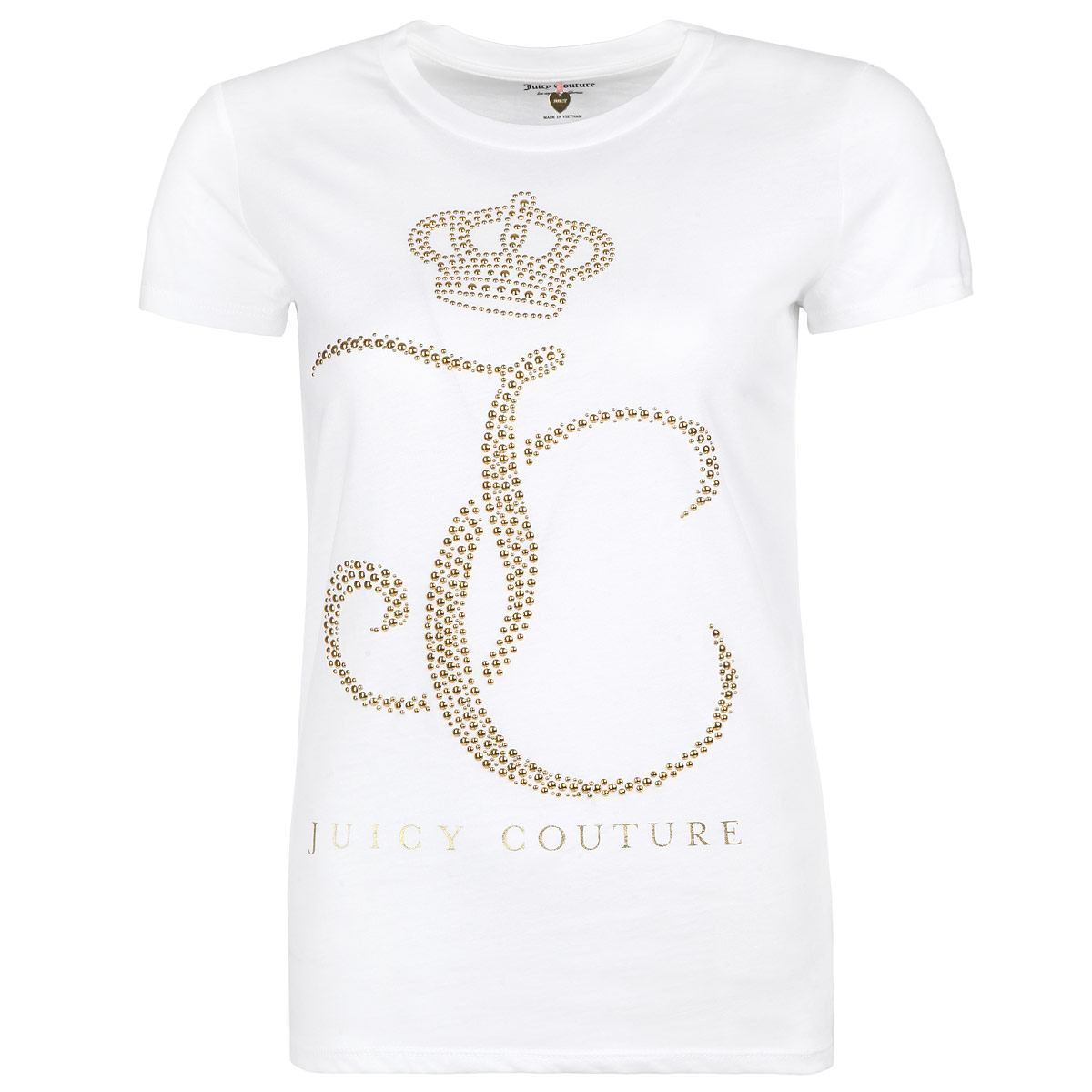 ФутболкаWTKT31338/119 ФутболкаWTKT31338/119Стильная женская футболка Juicy Couture, выполненная из высококачественного хлопка, обладает высокой теплопроводностью, воздухопроницаемостью и гигроскопичностью, позволяет коже дышать. Модель с короткими рукавами и круглым вырезом - идеальный вариант для создания образа в стиле Casual. Футболка оформлена стильным дизайном в виде выложенных блестящими золотистыми стразами букв JC и короны над ними. Такая модель подарит вам комфорт в течение всего дня и послужит замечательным дополнением к вашему гардеробу.