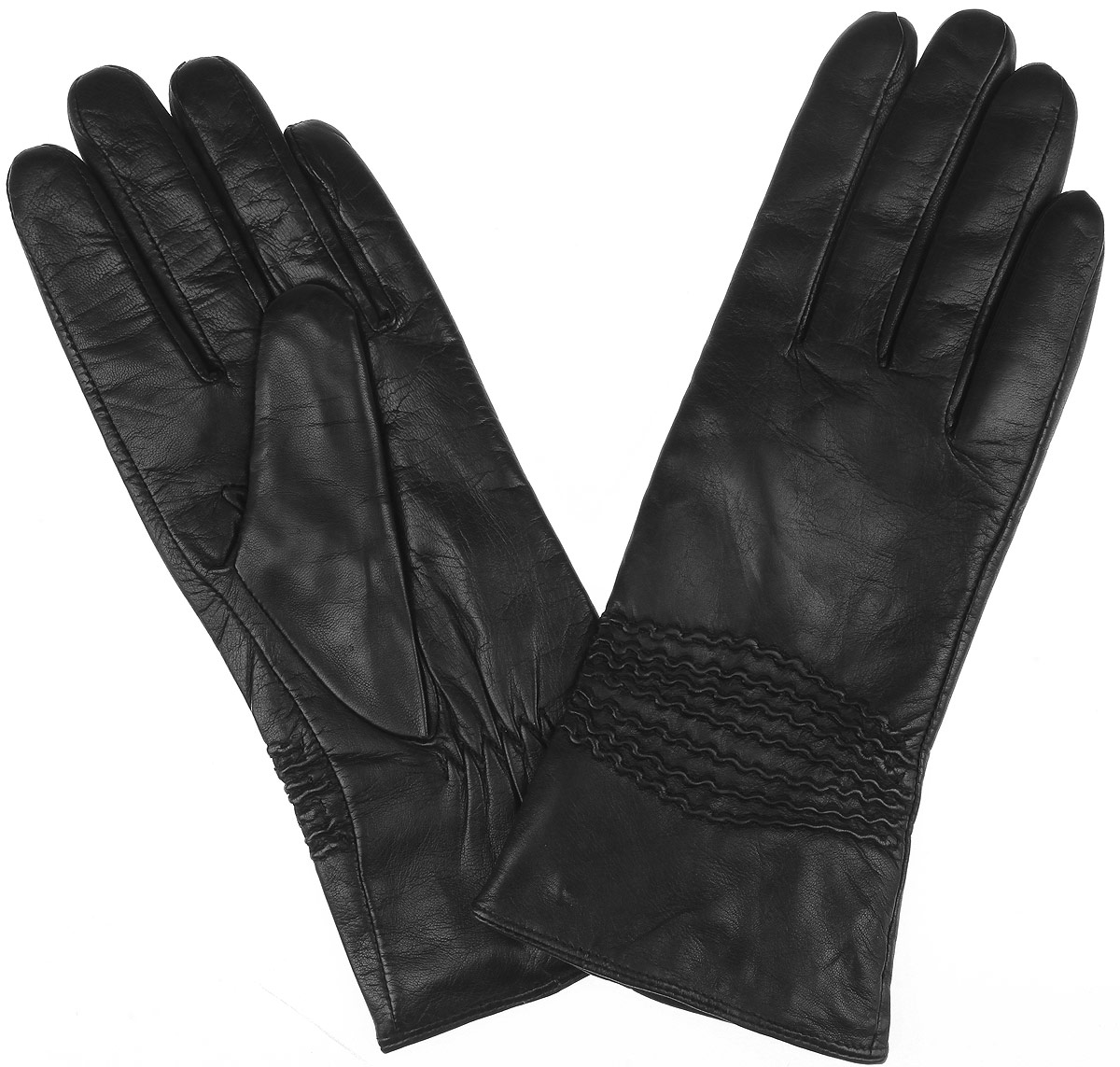 Перчатки9.3-1 black Перчатки9.3-1 blackЭлегантные женские перчатки Fabretti станут великолепным дополнением вашего образа и защитят ваши руки от холода и ветра во время прогулок. Перчатки выполнены из эфиопской перчаточной кожи ягненка на подкладке из шерсти с добавлением кашемира, что позволяет им надежно сохранять тепло. Манжеты с тыльной стороны присборены на эластичные резинки. Оформлено изделие оригинальной декоративной прострочкой. Такие перчатки будут оригинальным завершающим штрихом в создании современного модного образа, они подчеркнут ваш изысканный вкус и станут незаменимым и практичным аксессуаром.