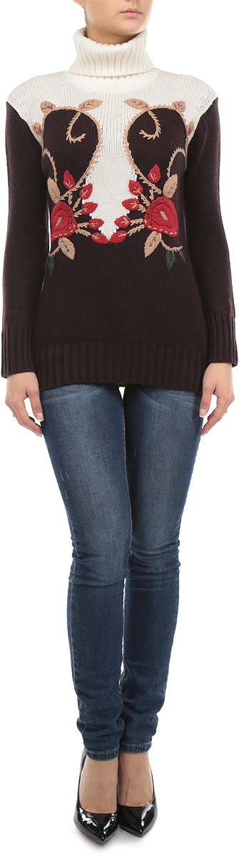 СвитерB135556_DARK NAVY СвитерB135556_DARK NAVYЖенский свитер Baon станет стильным дополнением к вашему гардеробу. Выполненный из полиамида и акрила с добавлением шерсти, он очень мягкий и приятный на ощупь, не сковывает движения и позволяет коже дышать, обеспечивая комфорт. Свитер с длинными рукавами и высоким воротником-гольф великолепно подойдет для создания современного образа в стиле Casual. Манжеты рукавов, ворот и низ изделия связаны крупной резинкой. Модель оформлена цветочной вышивкой. Такой свитер идеально подойдет для прохладной погоды, в нем вы всегда будете чувствовать себя уютно и комфортно.