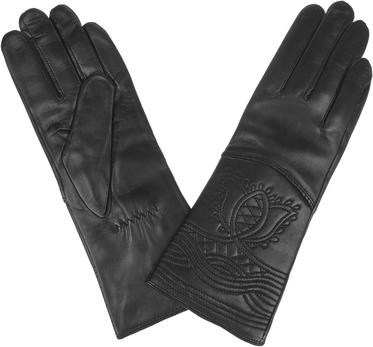 Перчатки9.28-1_black Перчатки9.28-1_blackЖенские перчатки Fabretti защитят ваши руки от холода и станут стильным дополнением к вашему образу. Перчатки изготовлены из натуральной кожи на подкладке из шерсти с добавлением кашемира. Лицевую сторону изделия украшает фигурная прострочка. На запястье модель присборена на небольшие резинки. Перчатки являются неотъемлемой принадлежностью одежды, вместе с этим аксессуаром вы обретаете женственность и элегантность. Они станут завершающим и подчеркивающим элементом вашего неповторимого стиля.